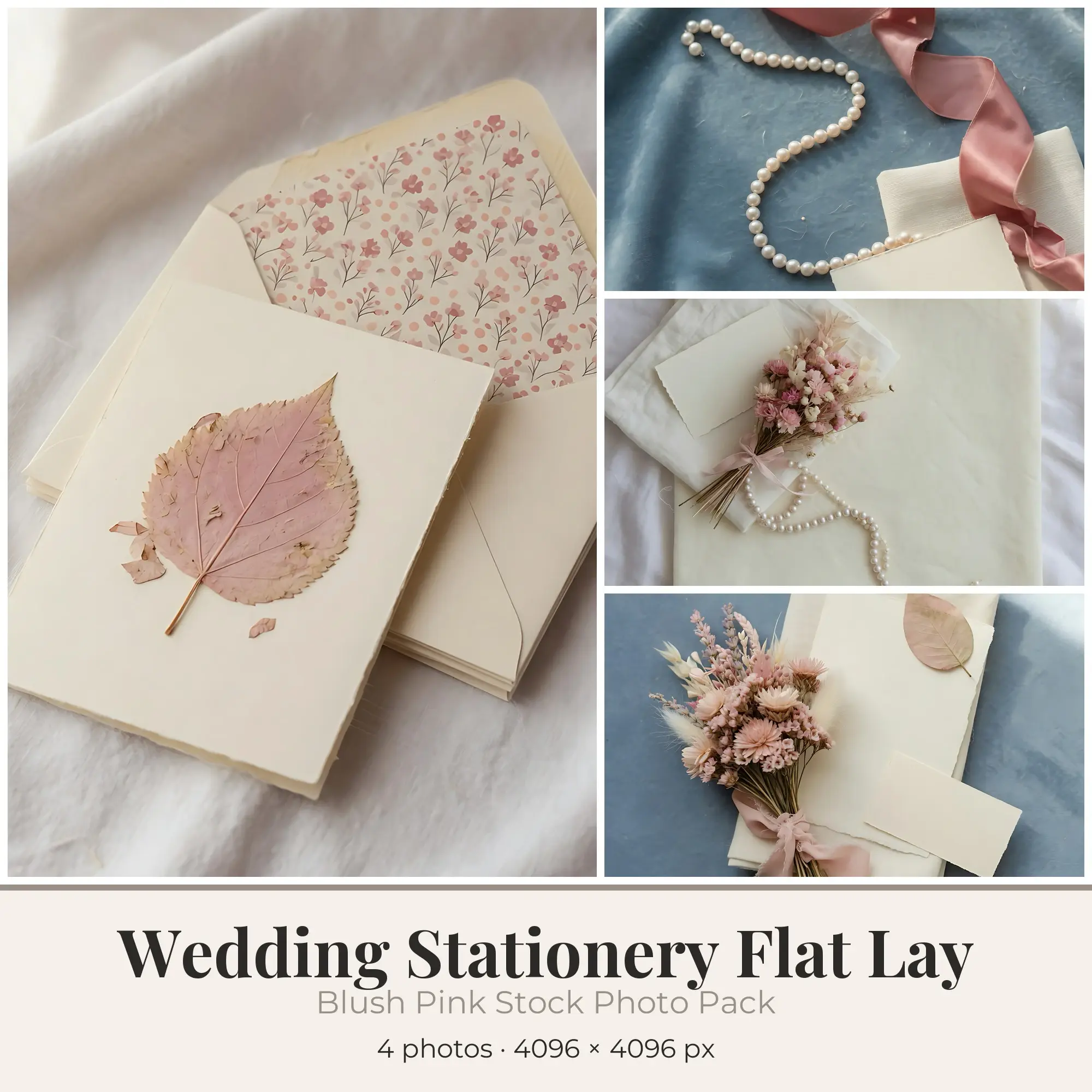 Stock Photos: Blush Pink Wedding Stationery Flat Lay, 4 JPGs preview