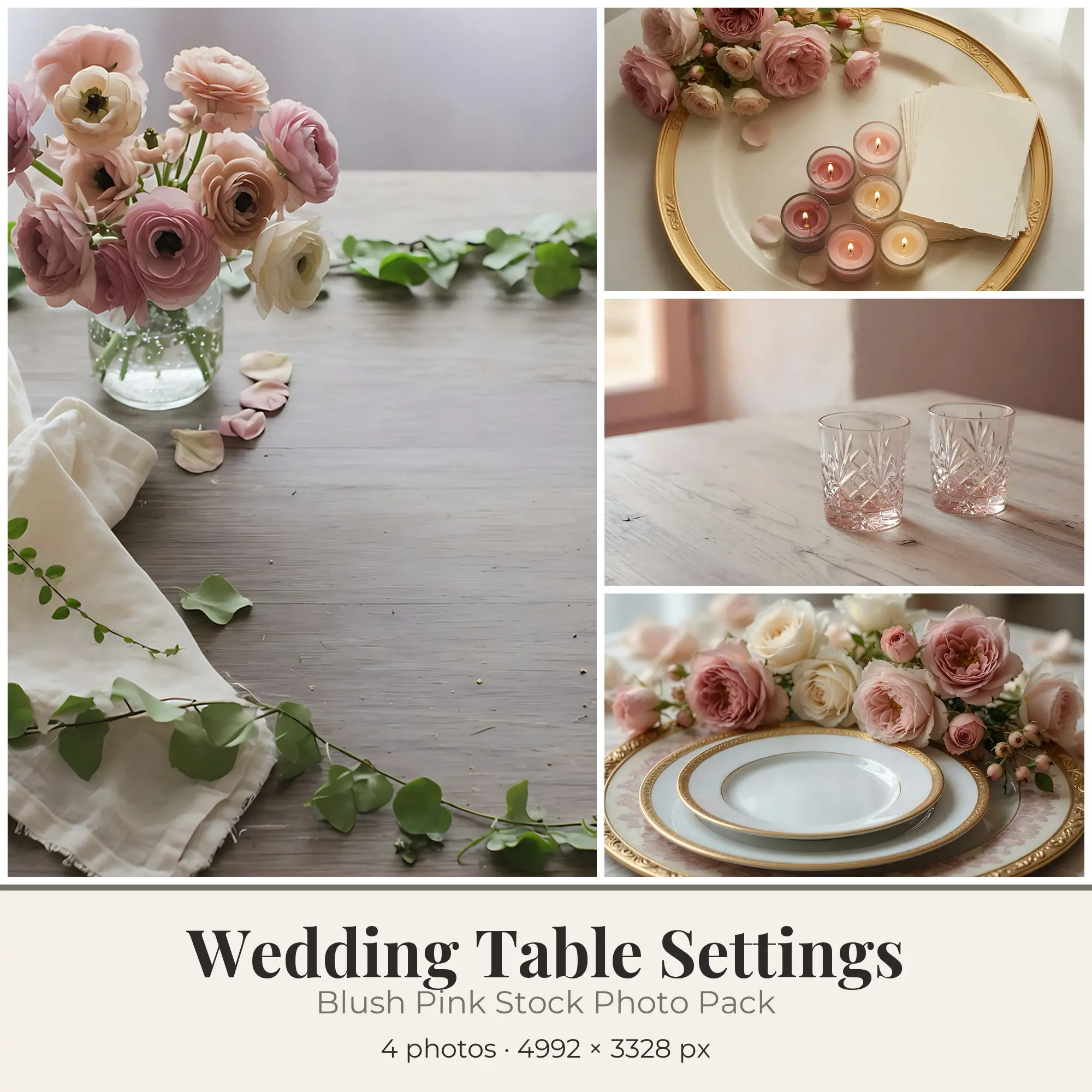 Stock Photos: Blush Pink Wedding Table Settings, 4 JPGs preview