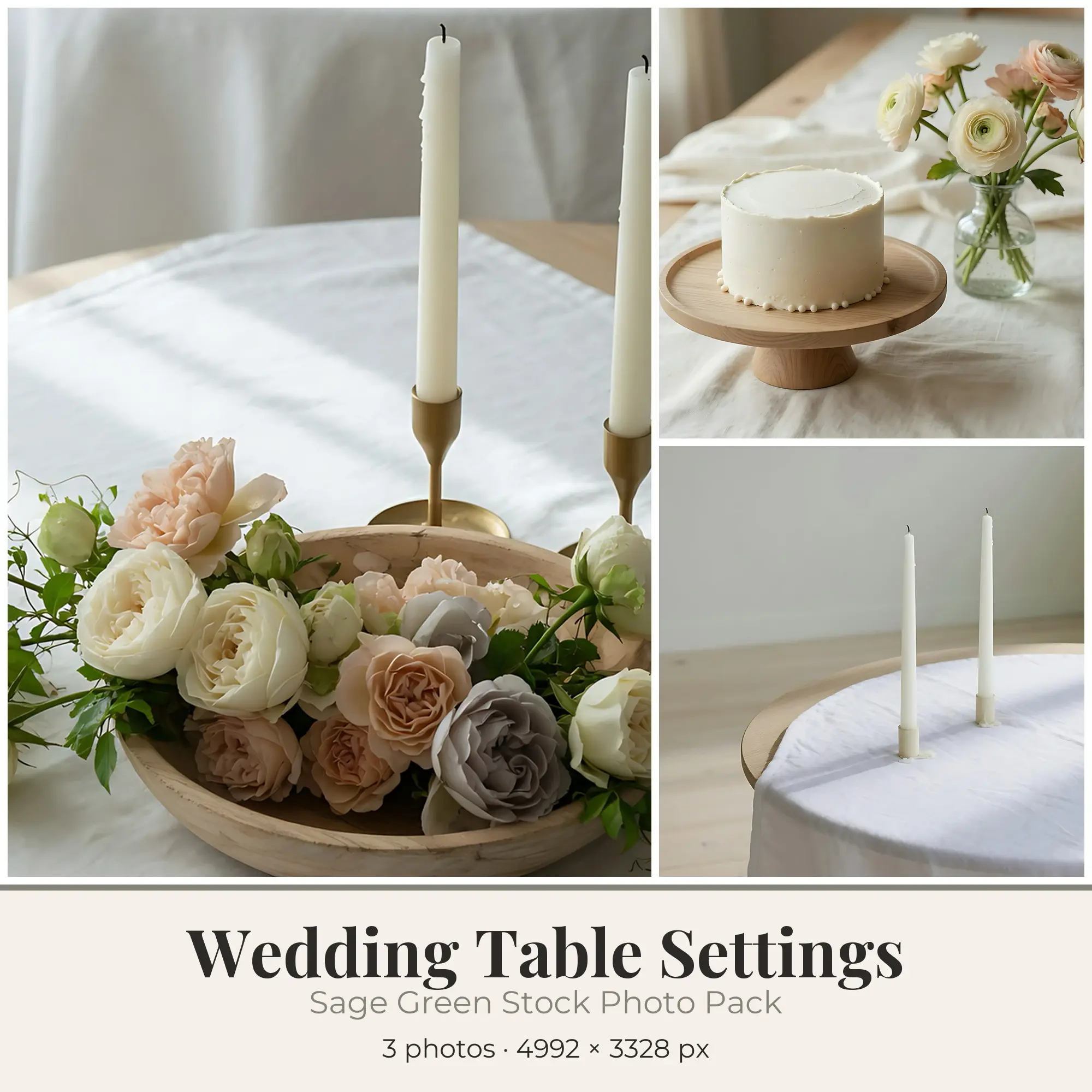 Stock Photos: Sage Green Wedding Table Settings, 3 JPGs preview