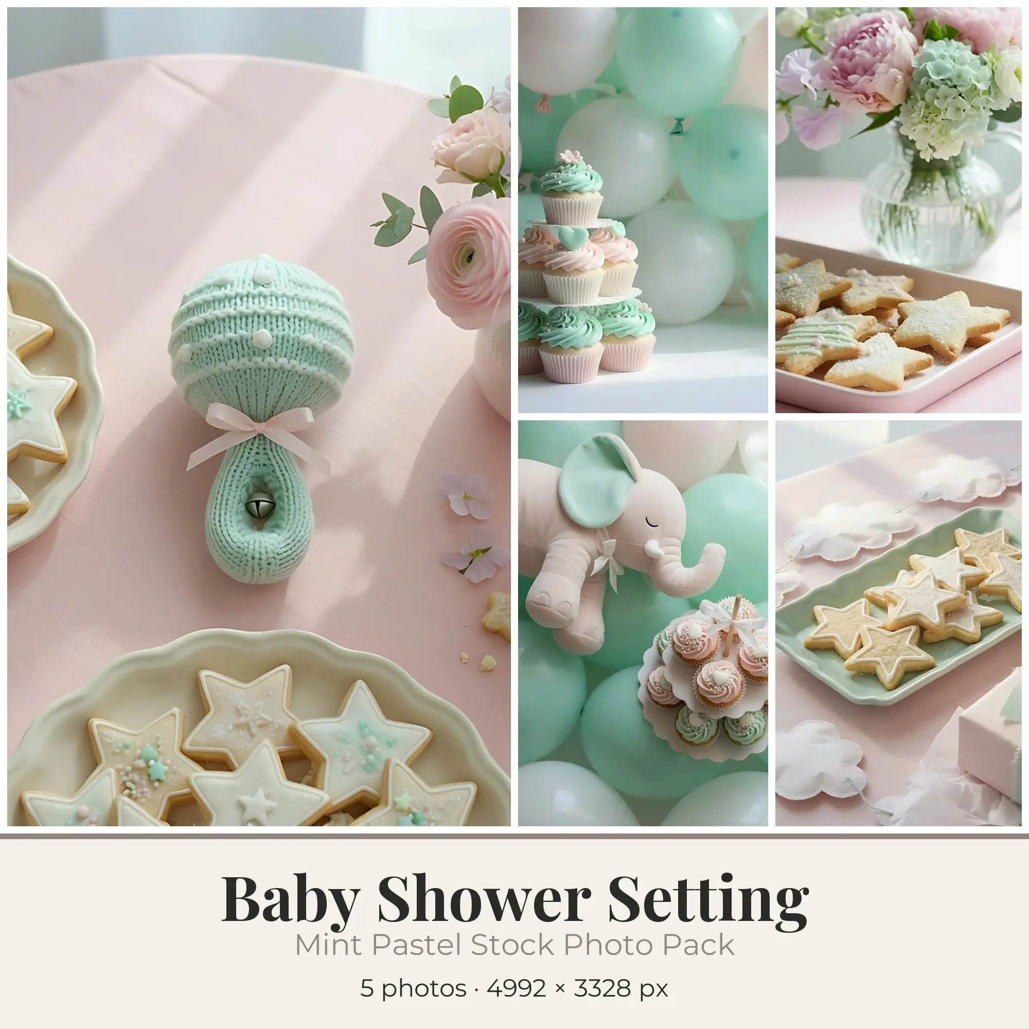 Stock Photos: Mint Pastel Baby Shower Setting, 5 JPGs preview