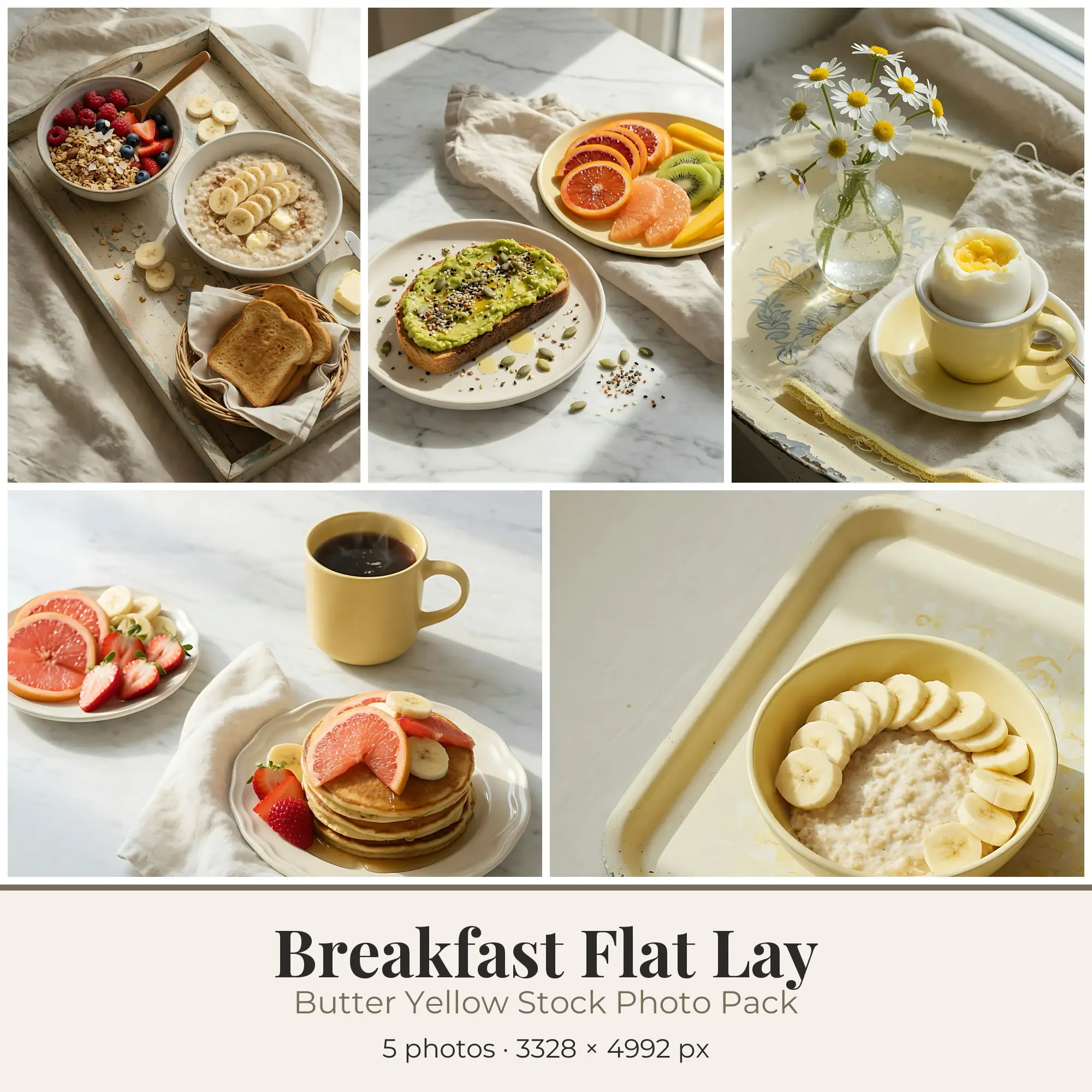 Stock Photos: Butter Yellow Breakfast Flat Lay, 5 JPGs preview