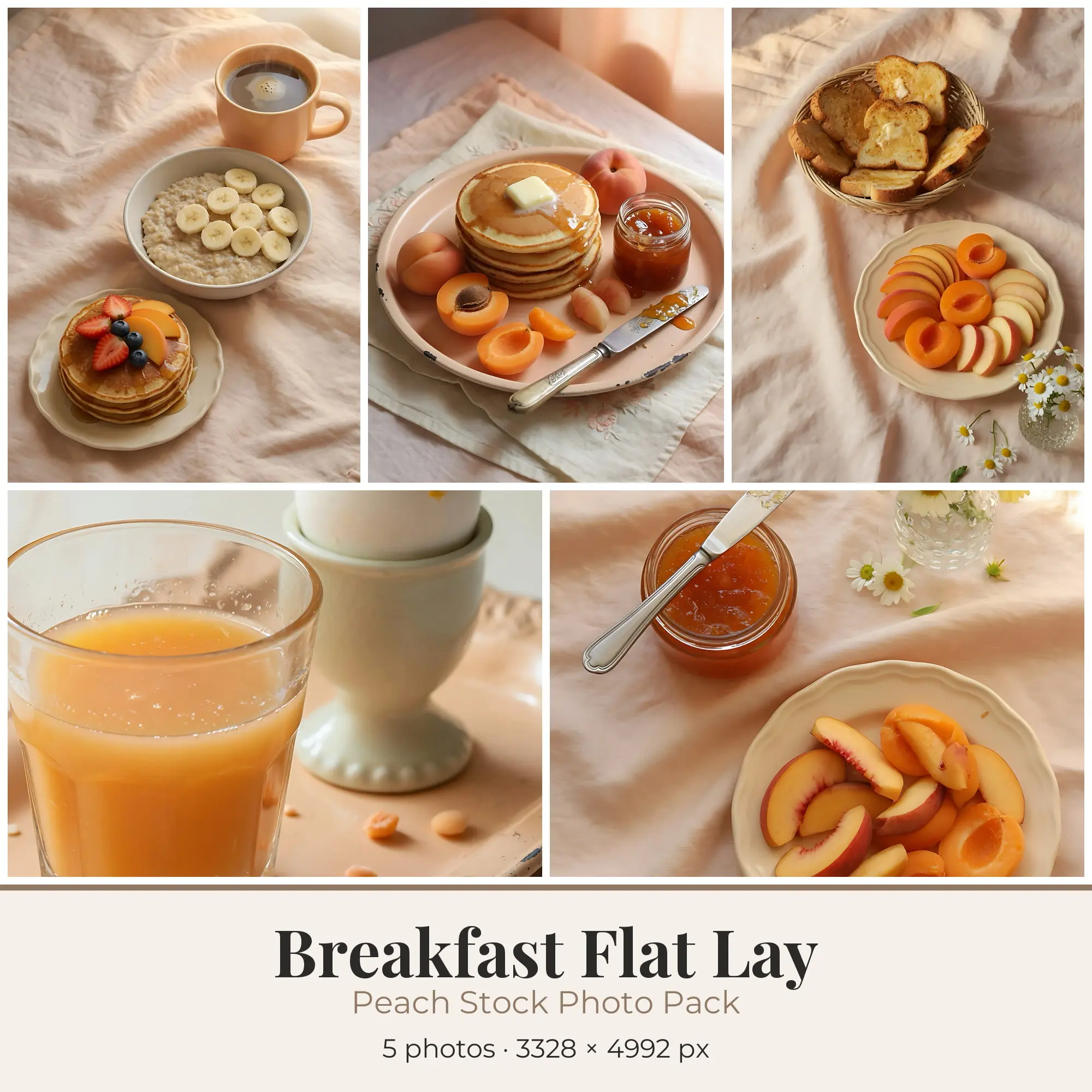 Stock Photos: Peach Breakfast Flat Lay, 5 JPGs preview