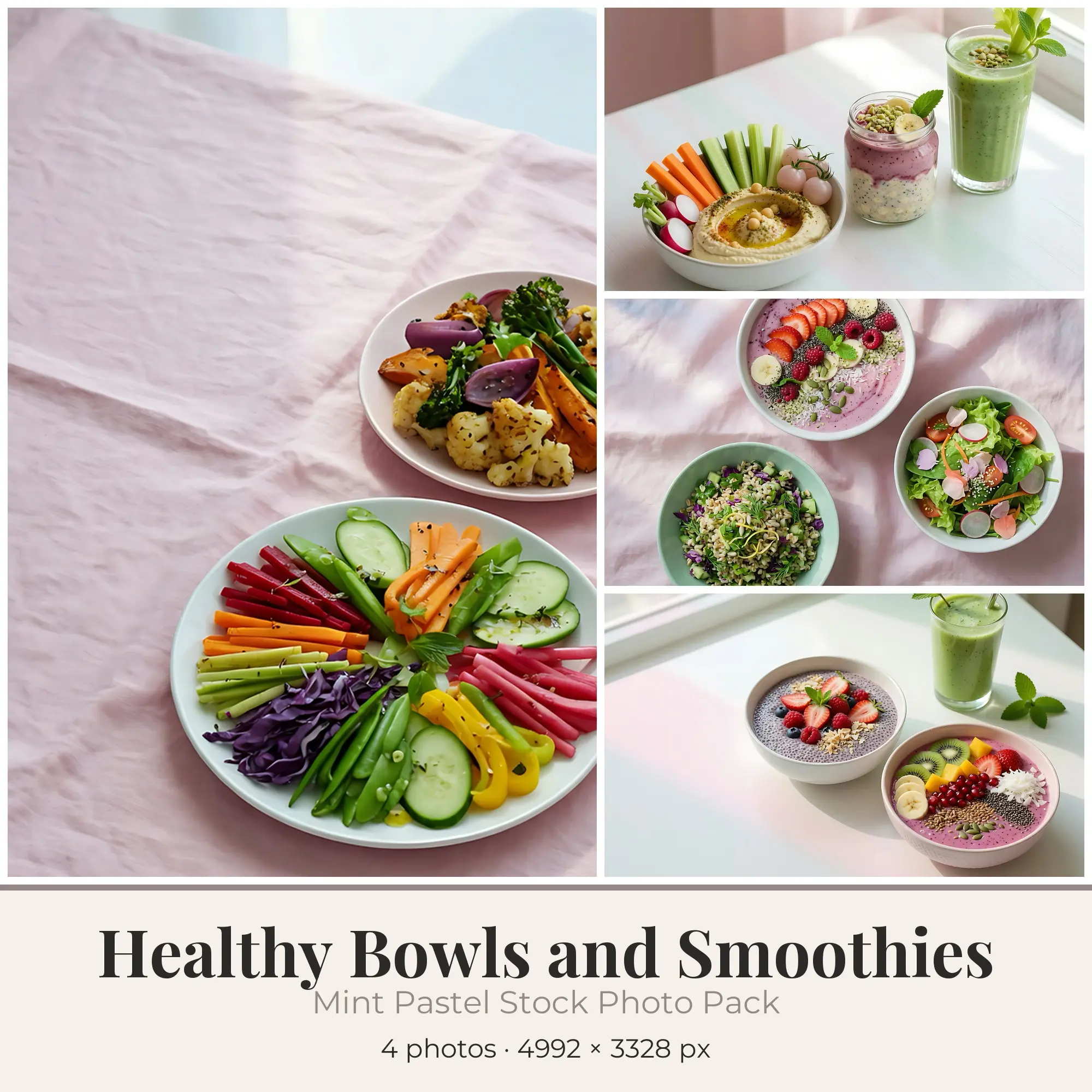 Stock Photos: Mint Pastel Healthy Bowls and Smoothies, 4 JPGs preview