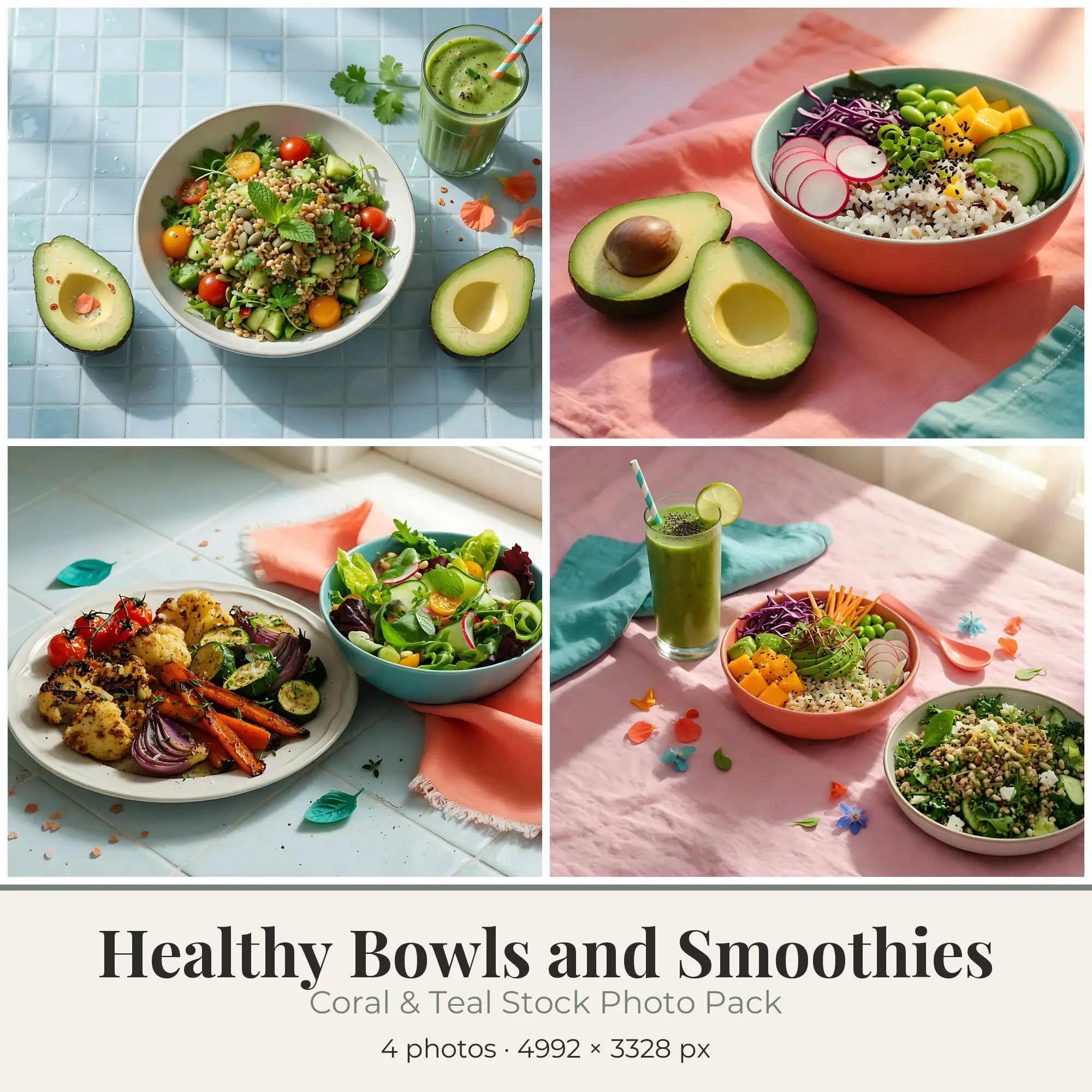 Stock Photos: Coral & Teal Healthy Bowls and Smoothies, 4 JPGs preview