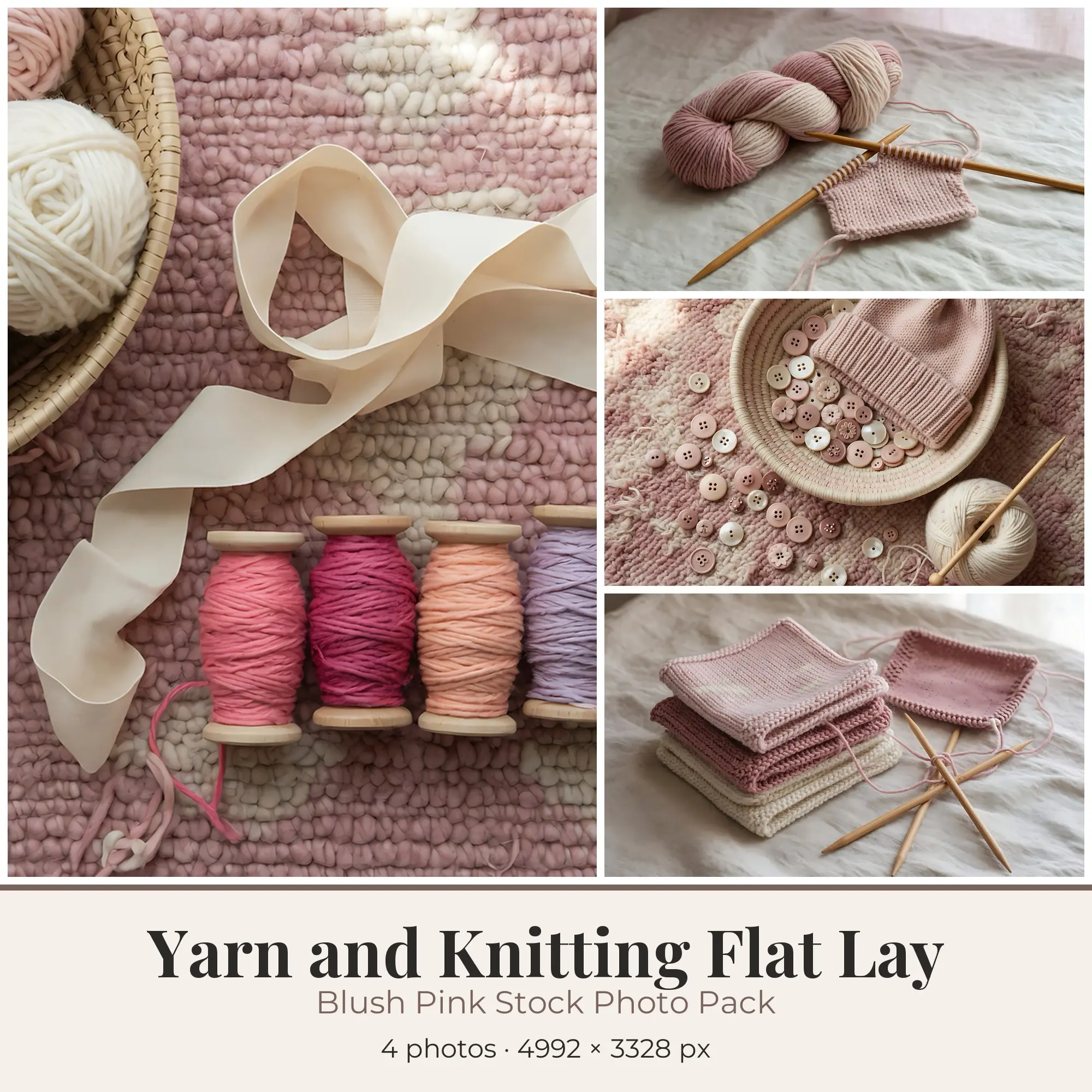 Stock Photos: Blush Pink Yarn and Knitting Flat Lay, 4 JPGs preview
