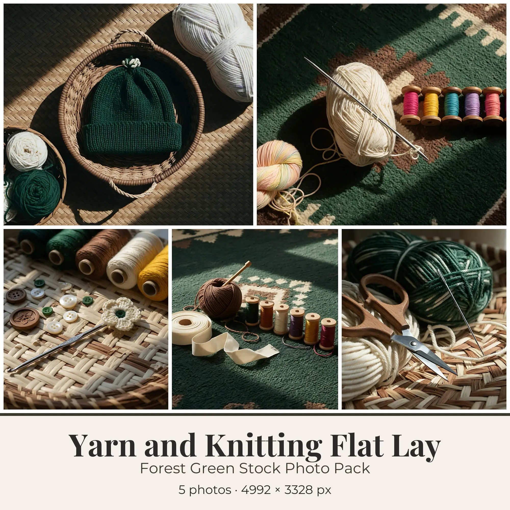 Stock Photos: Forest Green Yarn and Knitting Flat Lay, 5 JPGs preview