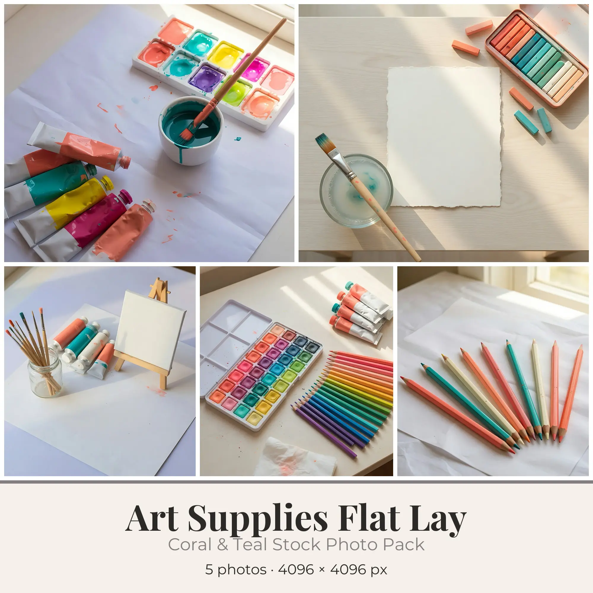 Stock Photos: Coral & Teal Art Supplies Flat Lay, 5 JPGs preview