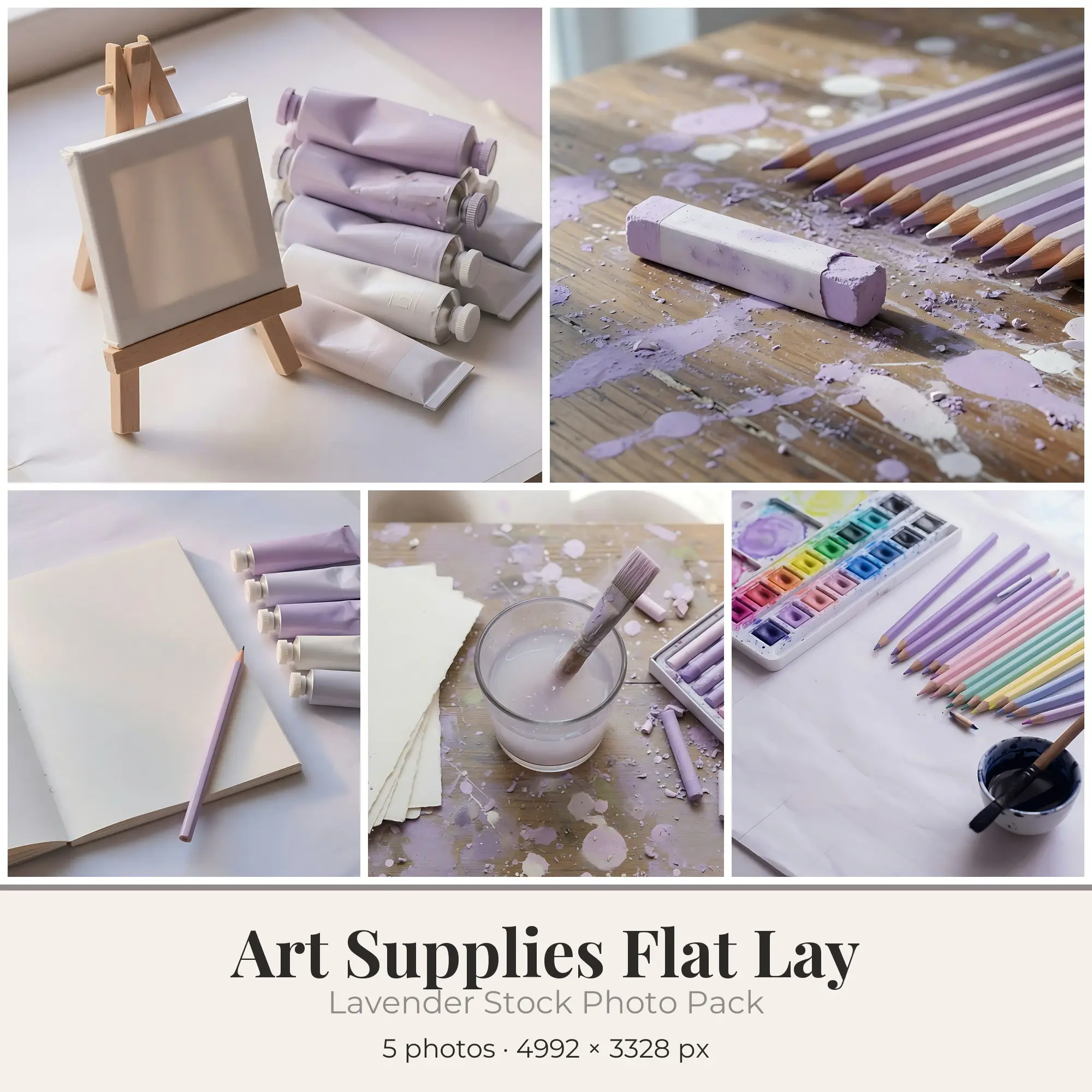 Stock Photos: Lavender Art Supplies Flat Lay, 5 JPGs preview