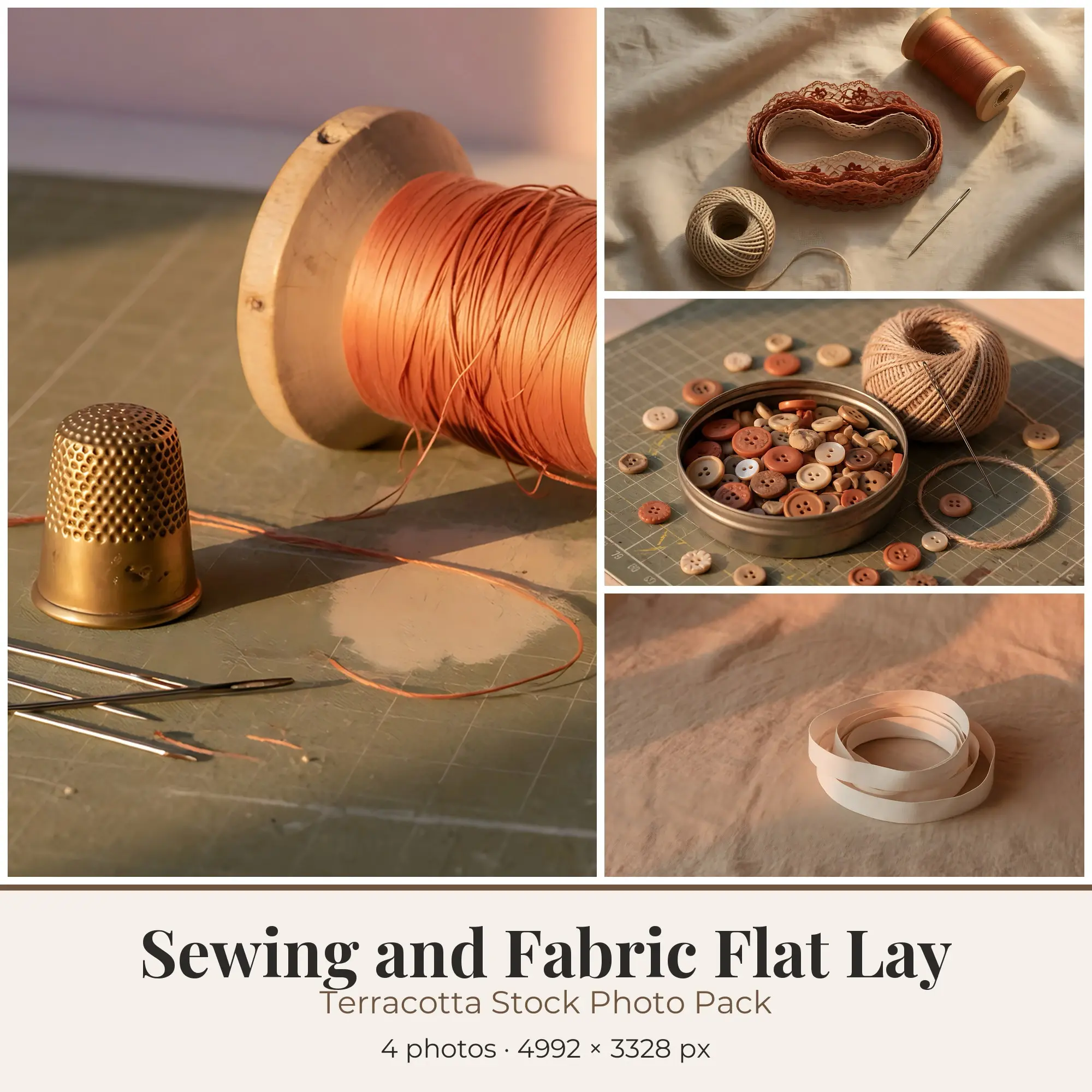 Stock Photos: Terracotta Sewing and Fabric Flat Lay, 4 JPGs preview