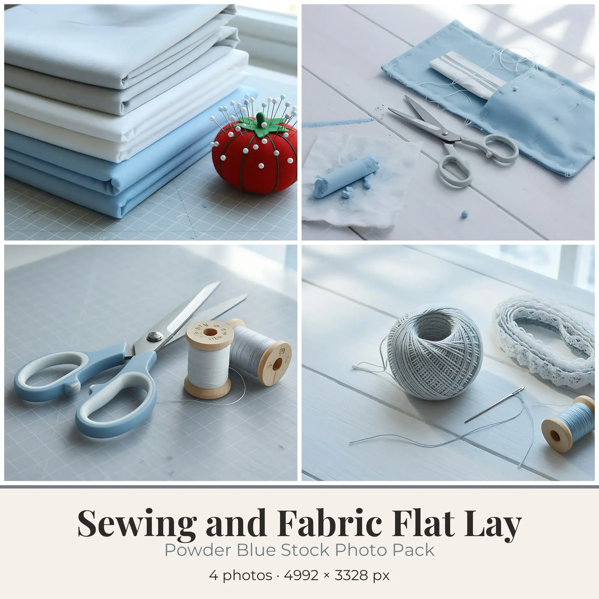Stock Photos: Powder Blue Sewing and Fabric Flat Lay, 4 JPGs preview