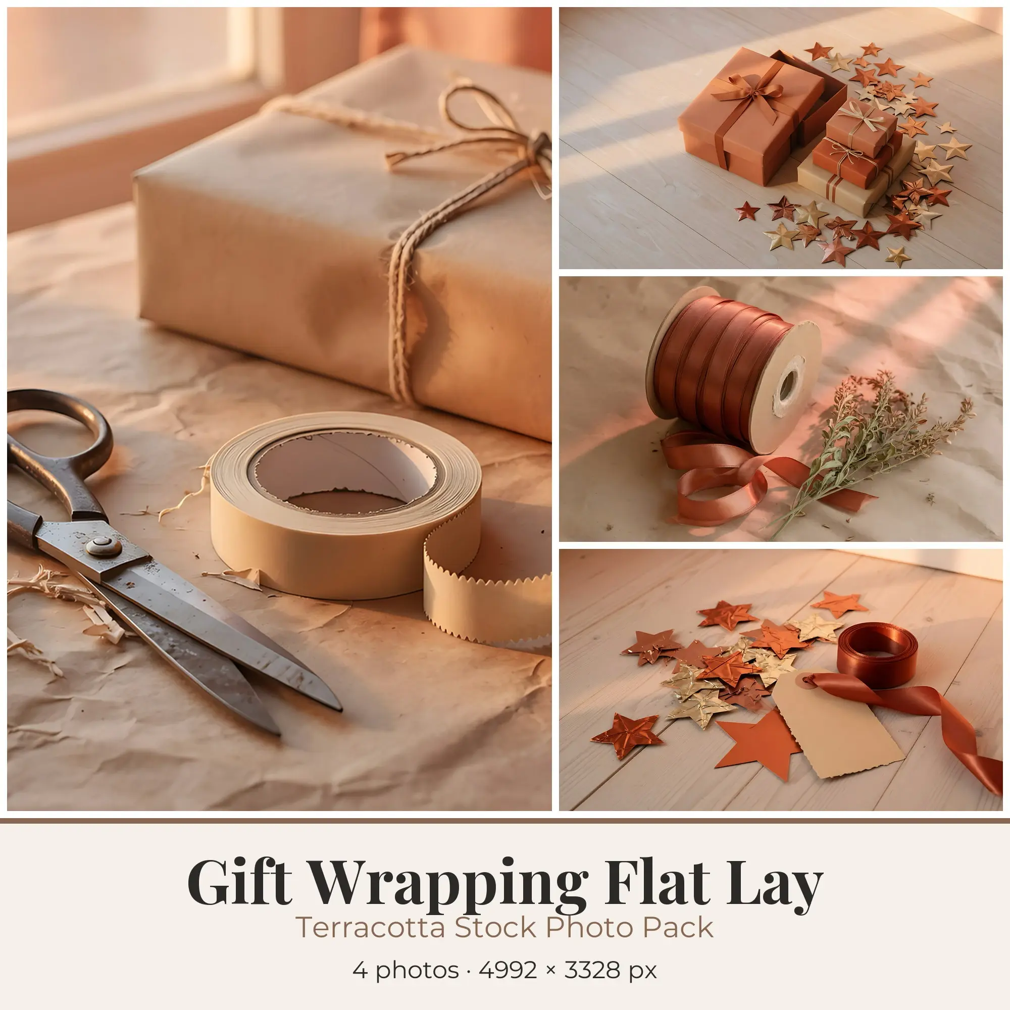 Stock Photos: Terracotta Gift Wrapping Flat Lay, 4 JPGs preview