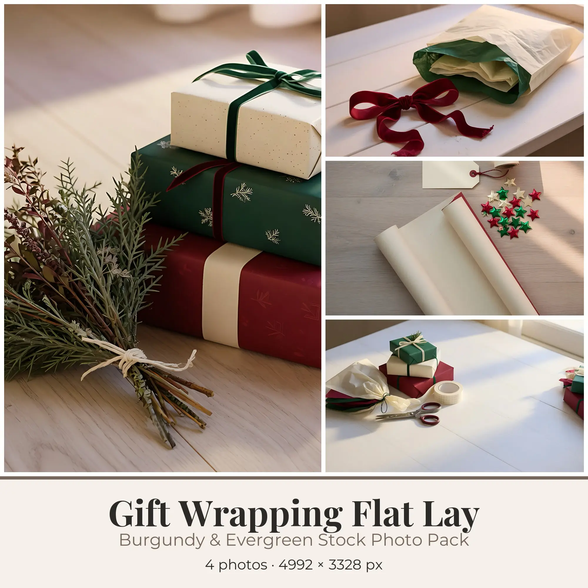 Stock Photos: Burgundy & Evergreen Gift Wrapping Flat Lay, 4 JPGs preview