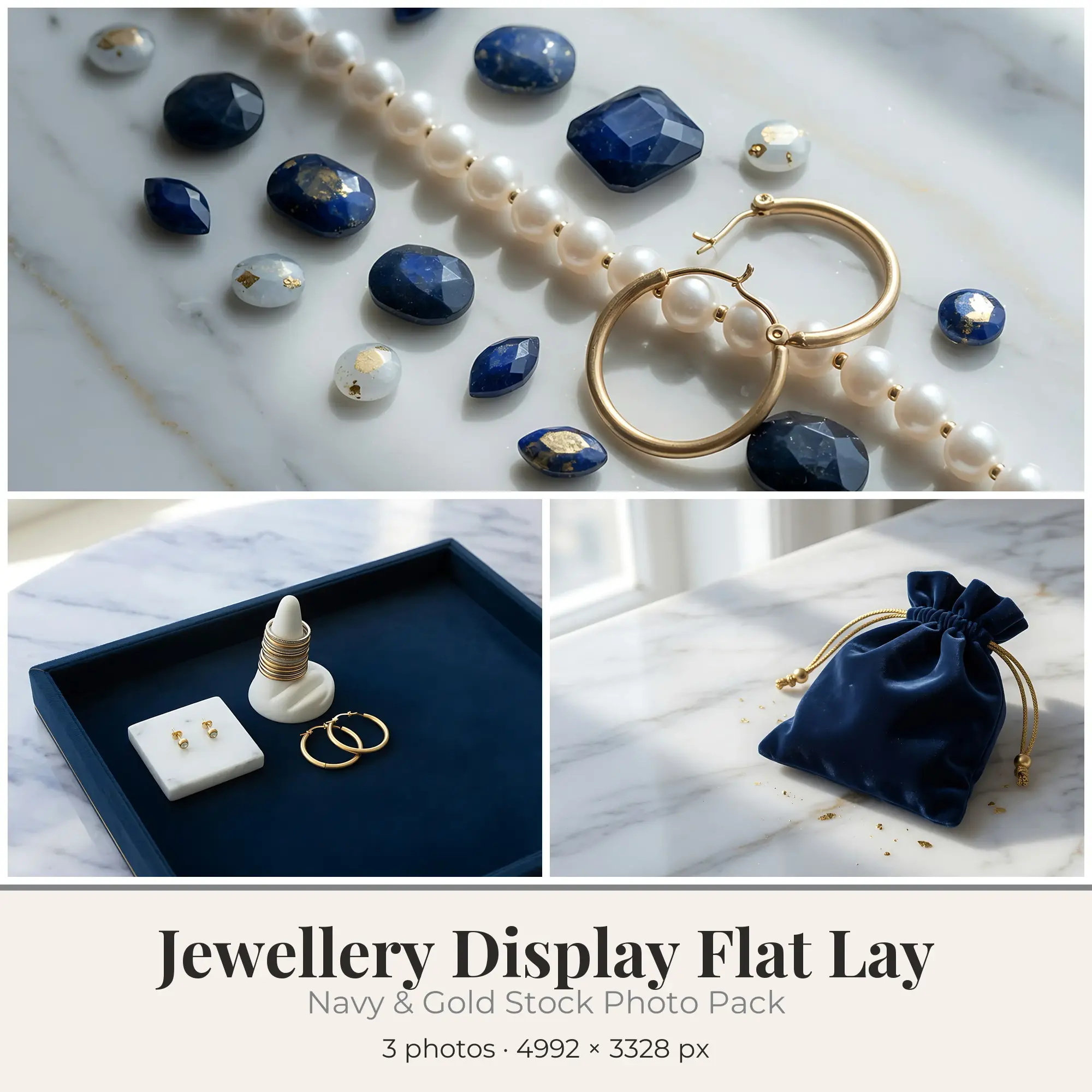 Stock Photos: Navy & Gold Jewellery Display Flat Lay, 3 JPGs preview