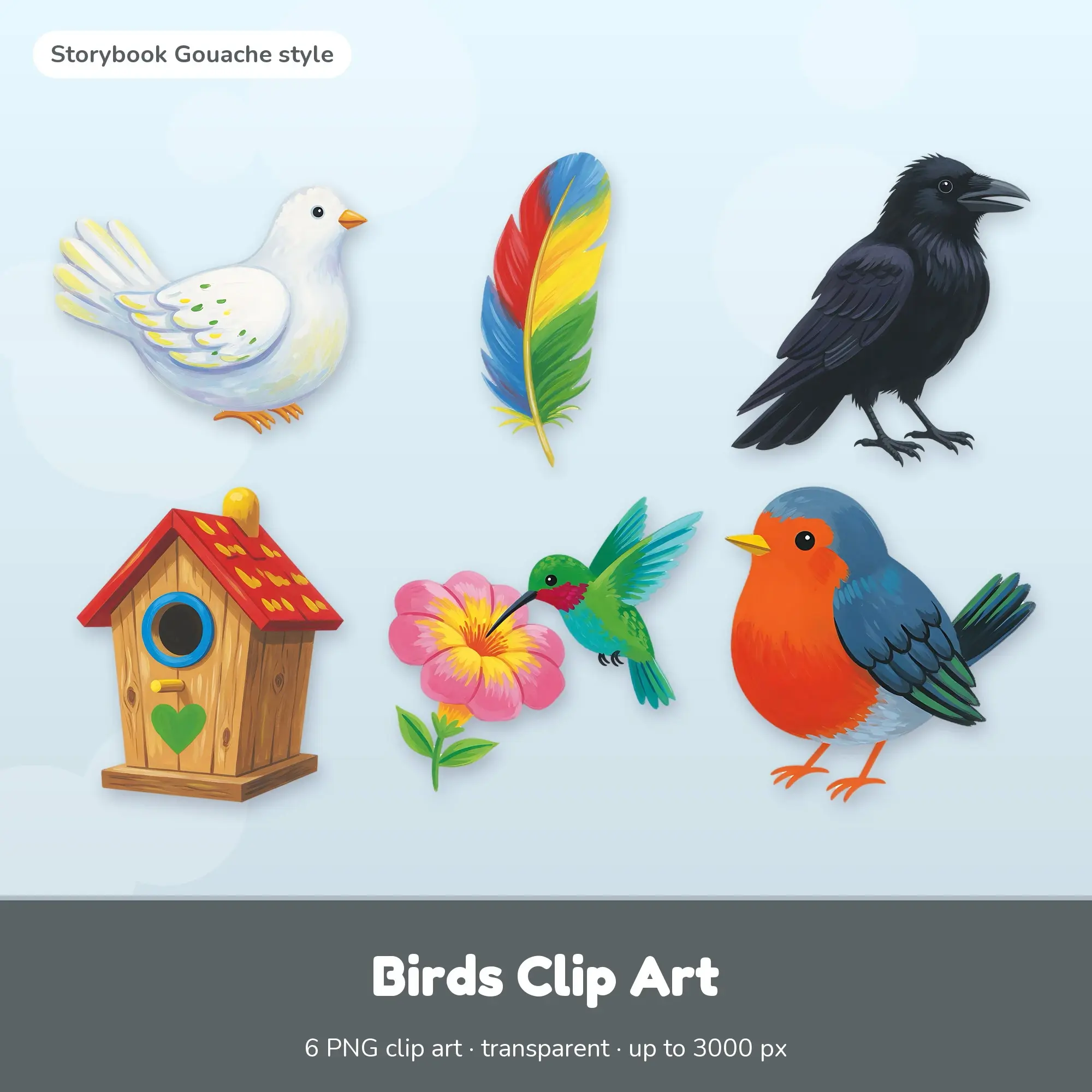 Storybook Gouache Birds Clip Art Set - Dove, Feather + 4 More preview
