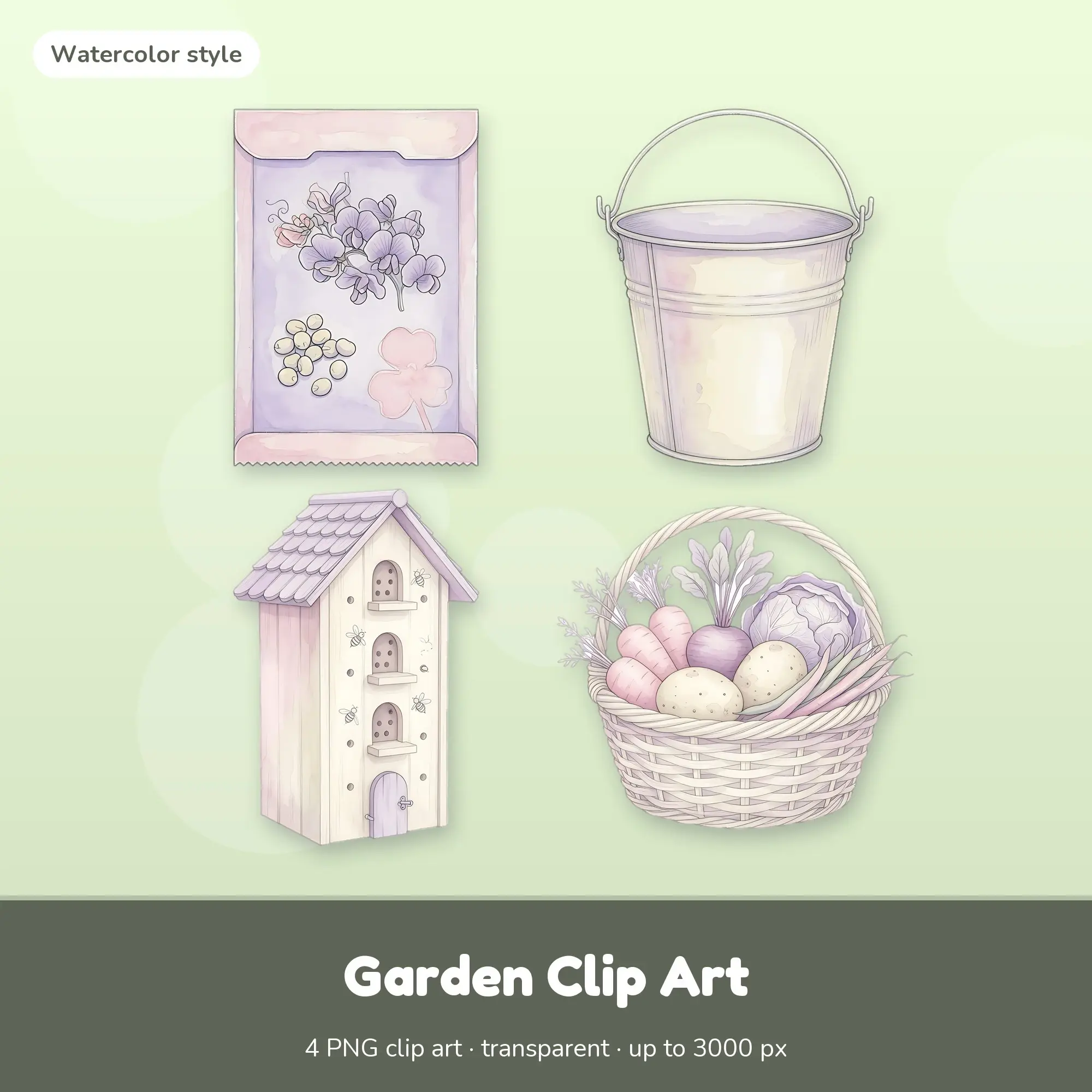 4 Garden Clip Art PNGs: Seed Packet, Bucket (Watercolor) preview