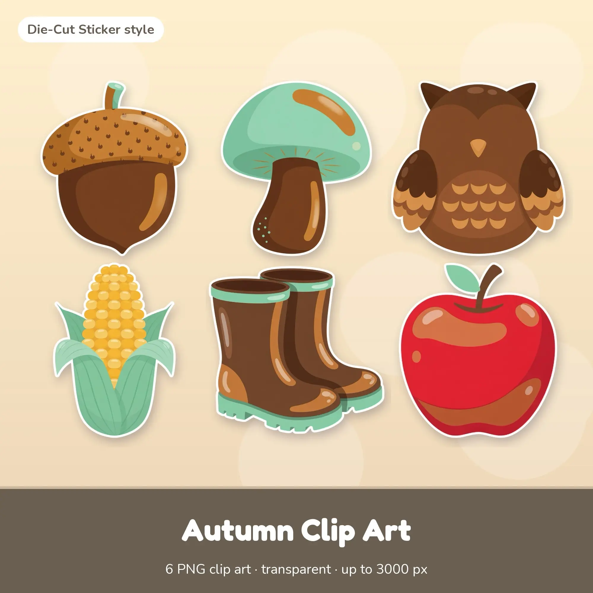 Autumn Clip Art Bundle, Die-Cut Sticker - Acorn, Mushroom, Owl preview