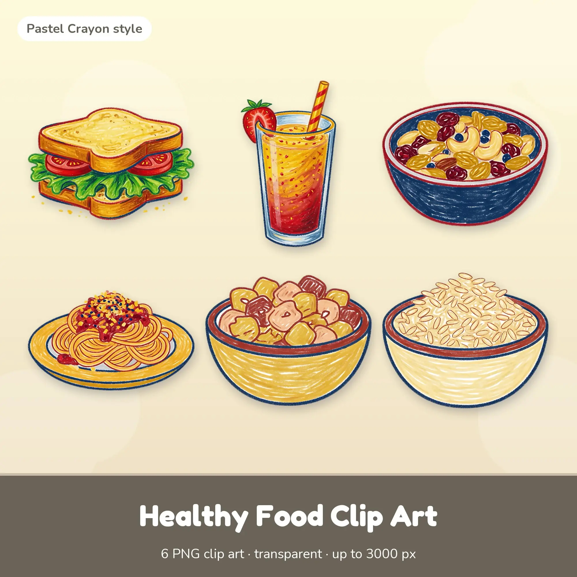 6 Healthy Food Clip Art PNGs: Sandwich, Fruit Smoothie (Pastel Crayon) preview