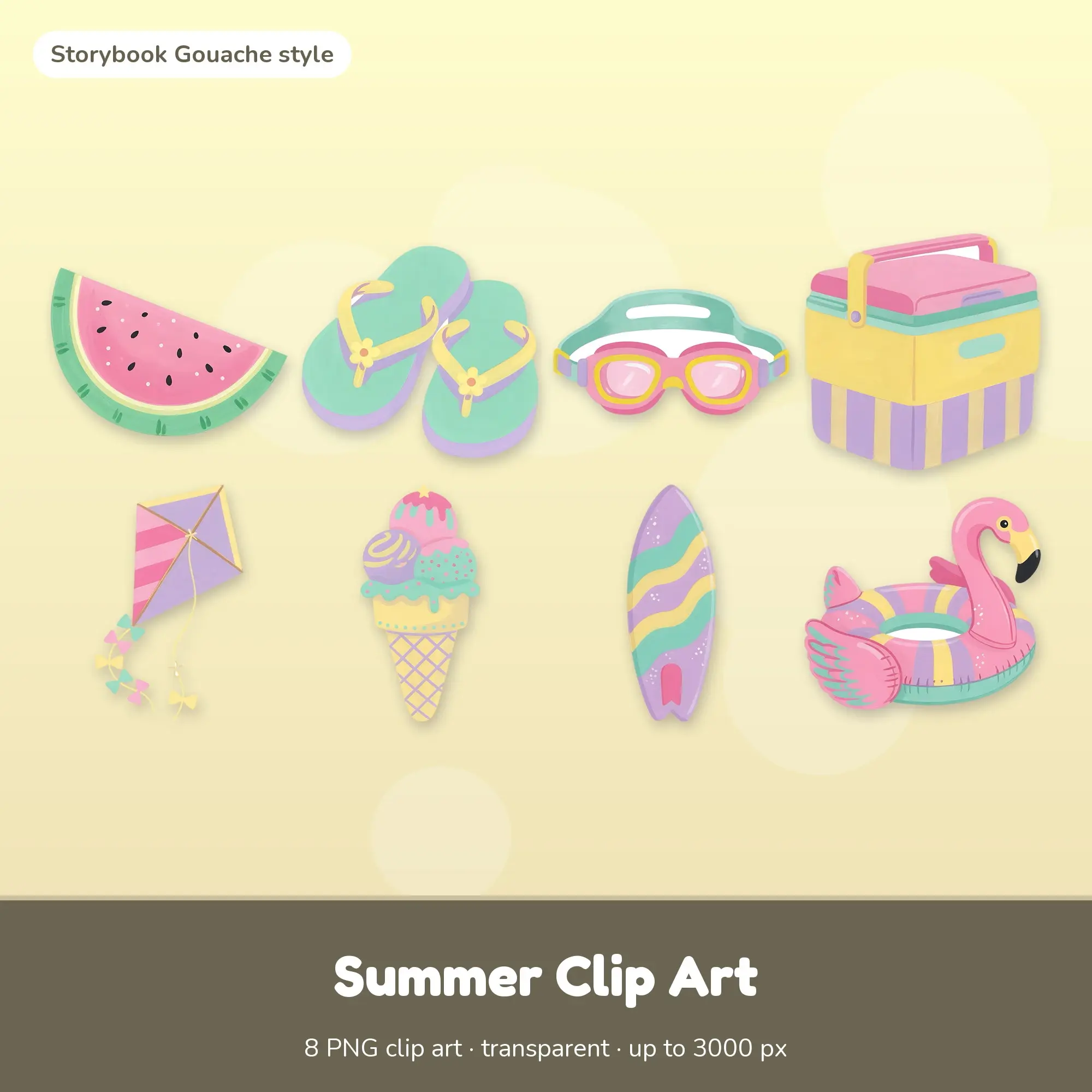 8 Summer Clip Art PNGs: Watermelon Slice, Flip Flops (Gouache) preview