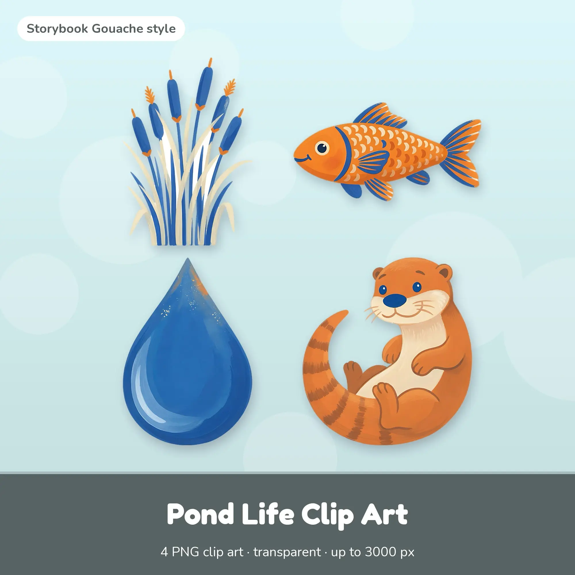 Storybook Gouache Pond Life Clip Art Set - Reeds, Minnow + 2 More preview