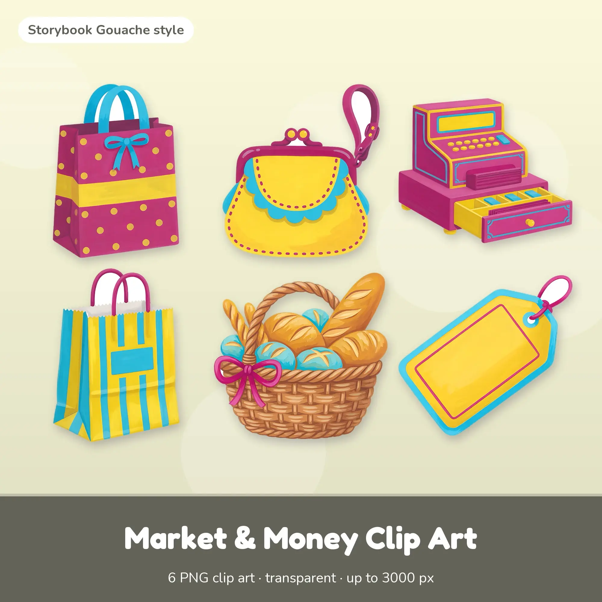 Market & Money Clip Art - 6 Gouache PNGs: Gift Bag preview