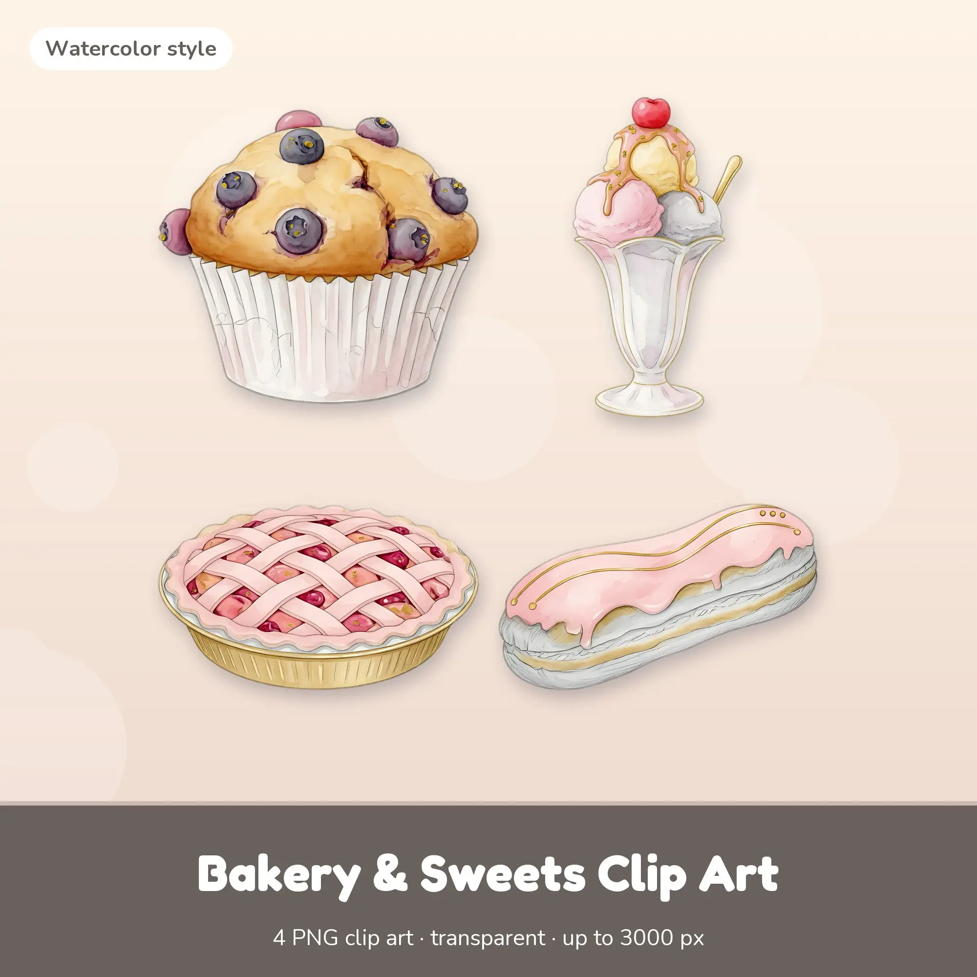 Bakery & Sweets Clip Art - 4 Watercolor PNGs: Blueberry Muffin preview