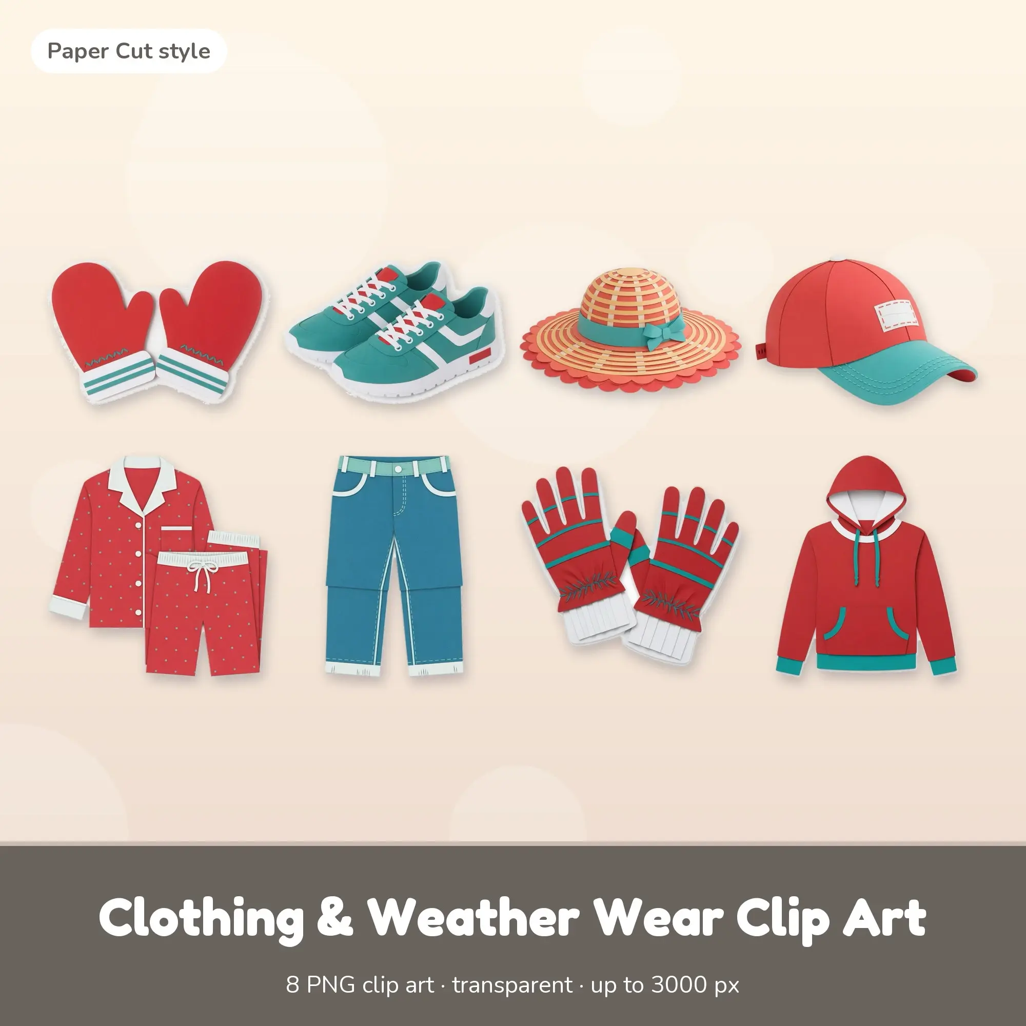 8 Clothing & Weather Wear Clip Art PNGs: Mittens, Sneakers (Paper Cut) preview