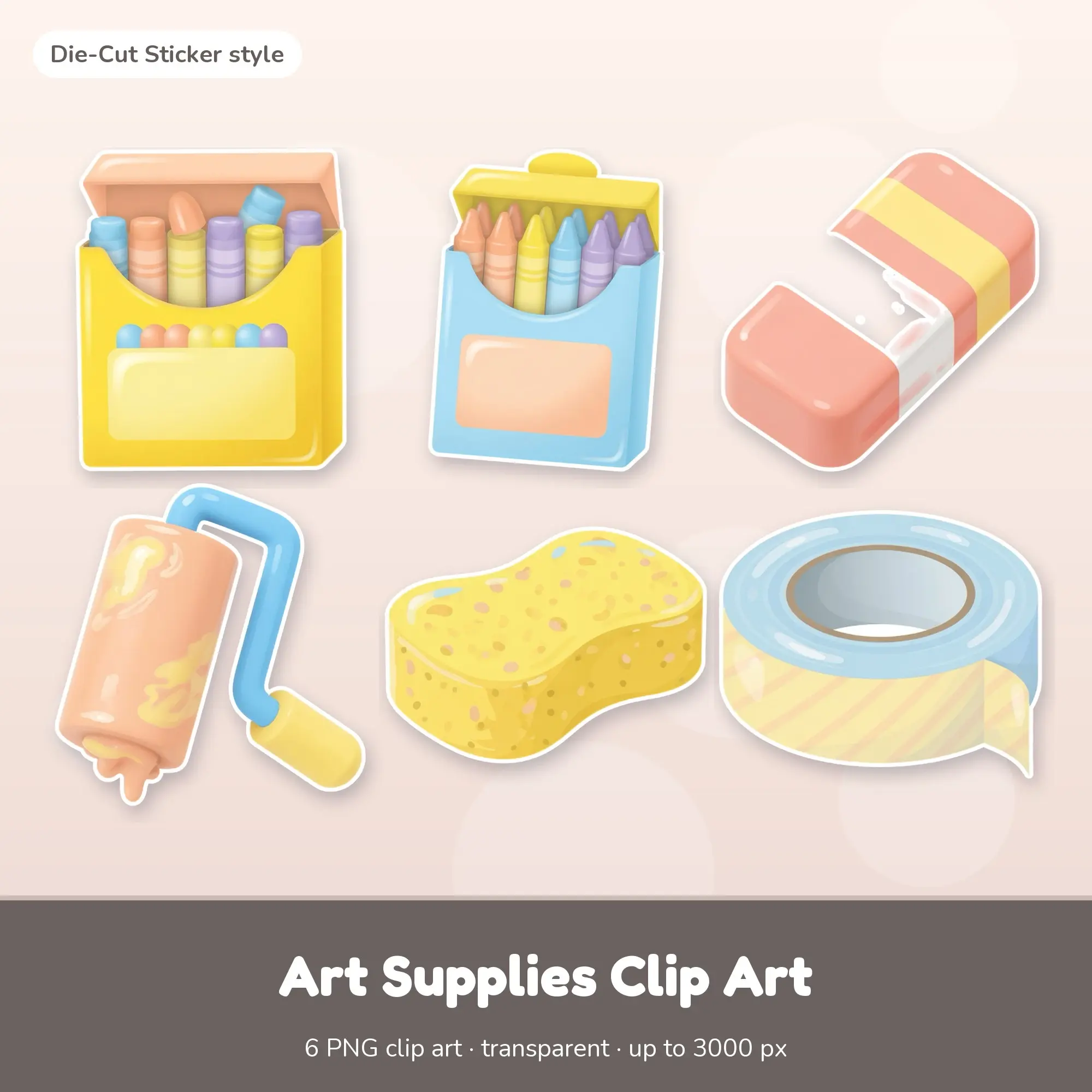 6 Art Supplies Clip Art PNGs: Oil Pastels, Crayons (Die-Cut Sticker) preview