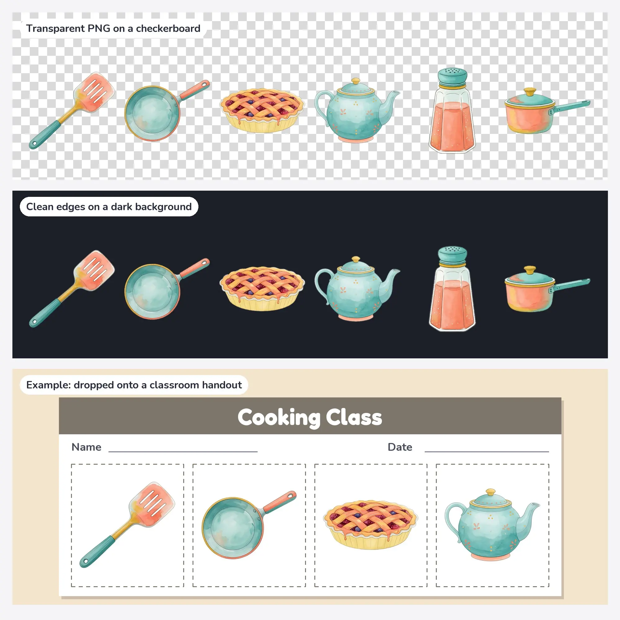 6 Kitchen & Cooking Clip Art PNGs: Spatula, Frying Pan (Watercolor), preview 2 of 2