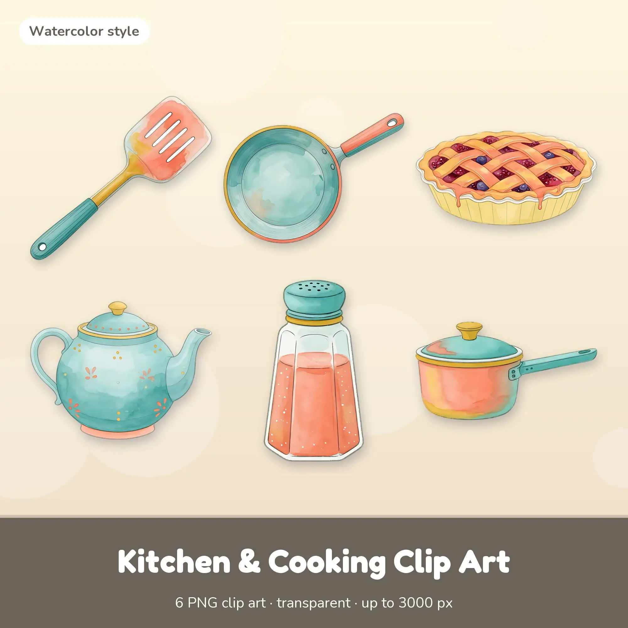 6 Kitchen & Cooking Clip Art PNGs: Spatula, Frying Pan (Watercolor) preview