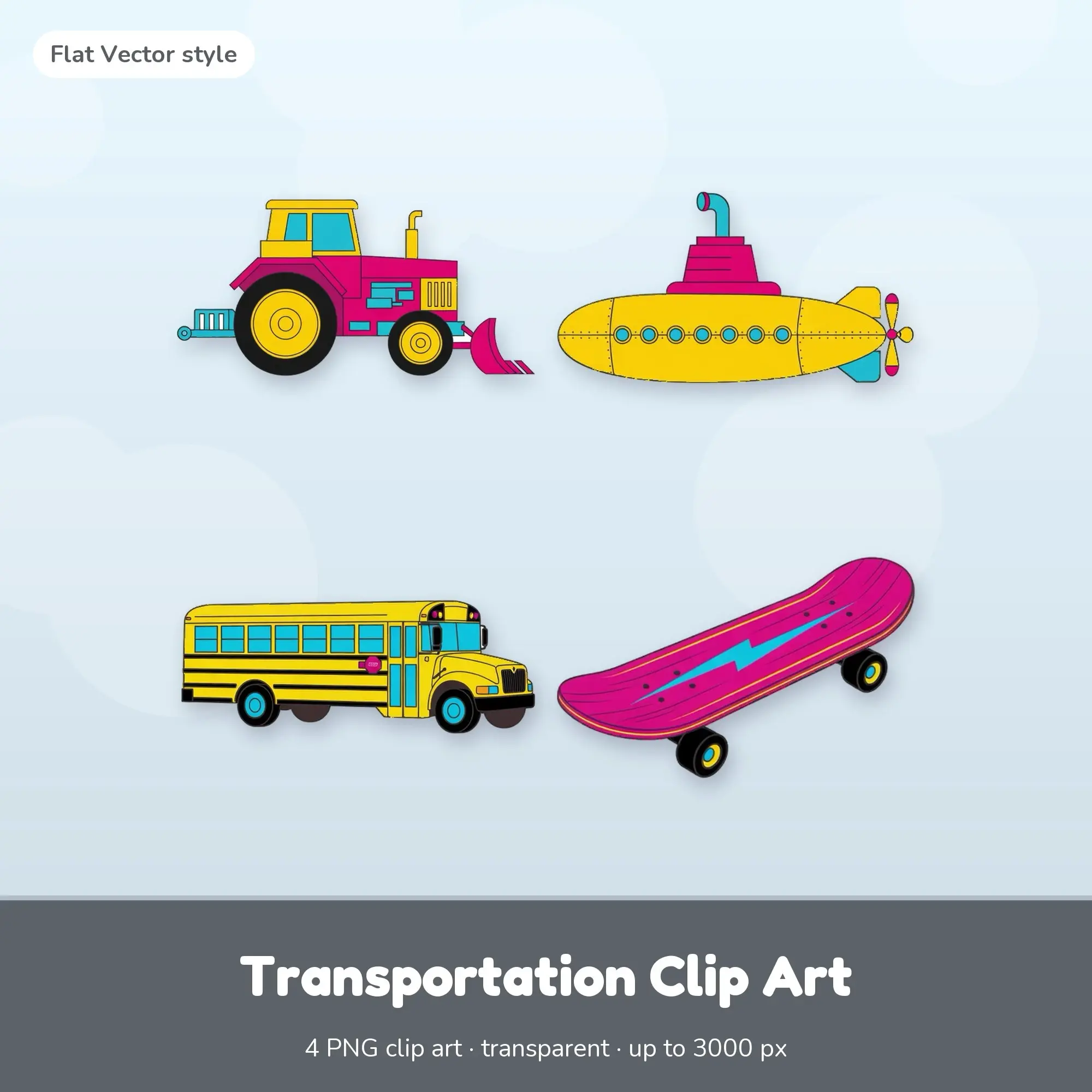 4 Transportation Clip Art PNGs: Farm Tractor, Submarine (Flat Vector) preview
