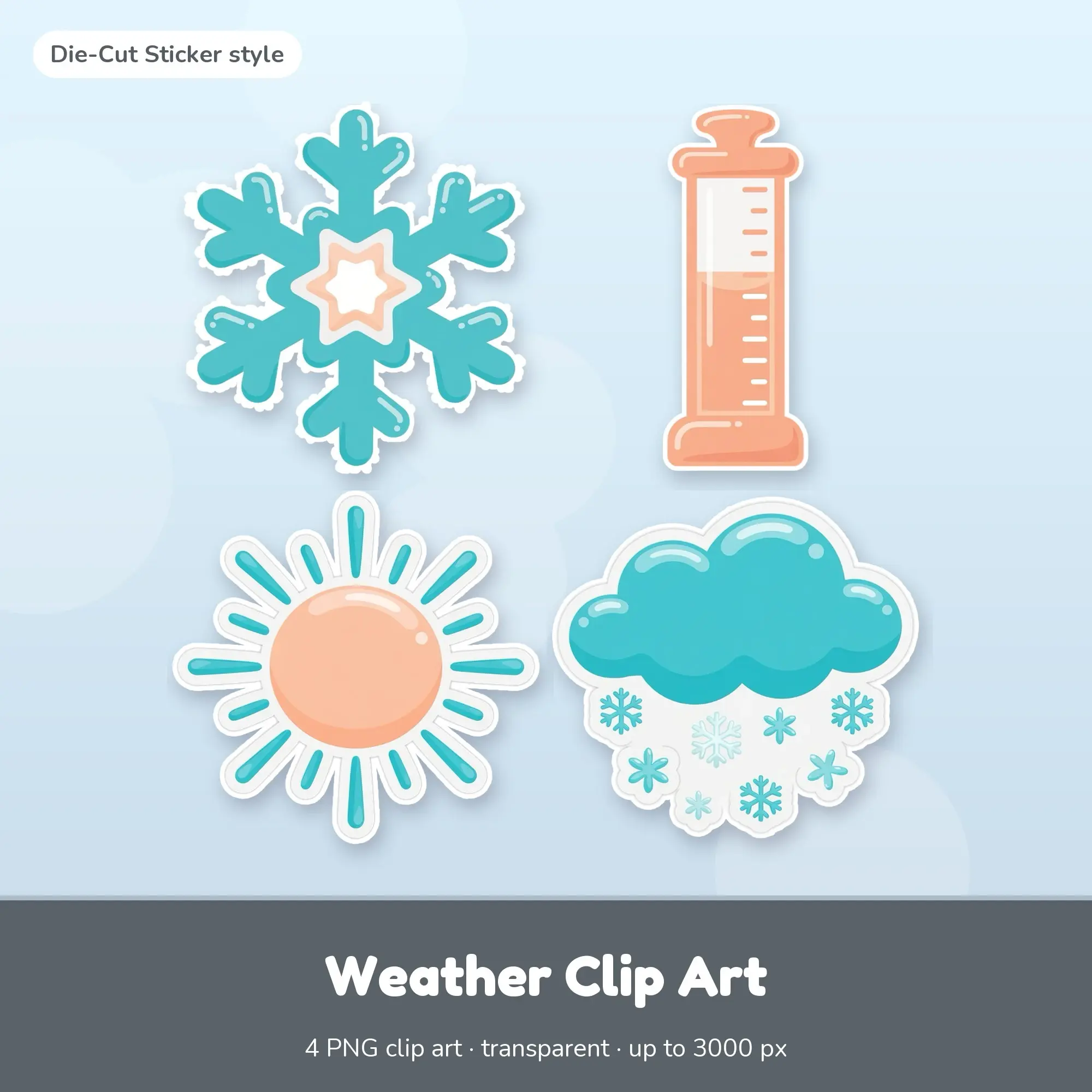 Die-Cut Sticker Weather Clip Art Set - Snowflake, Rain Gauge + 2 More preview