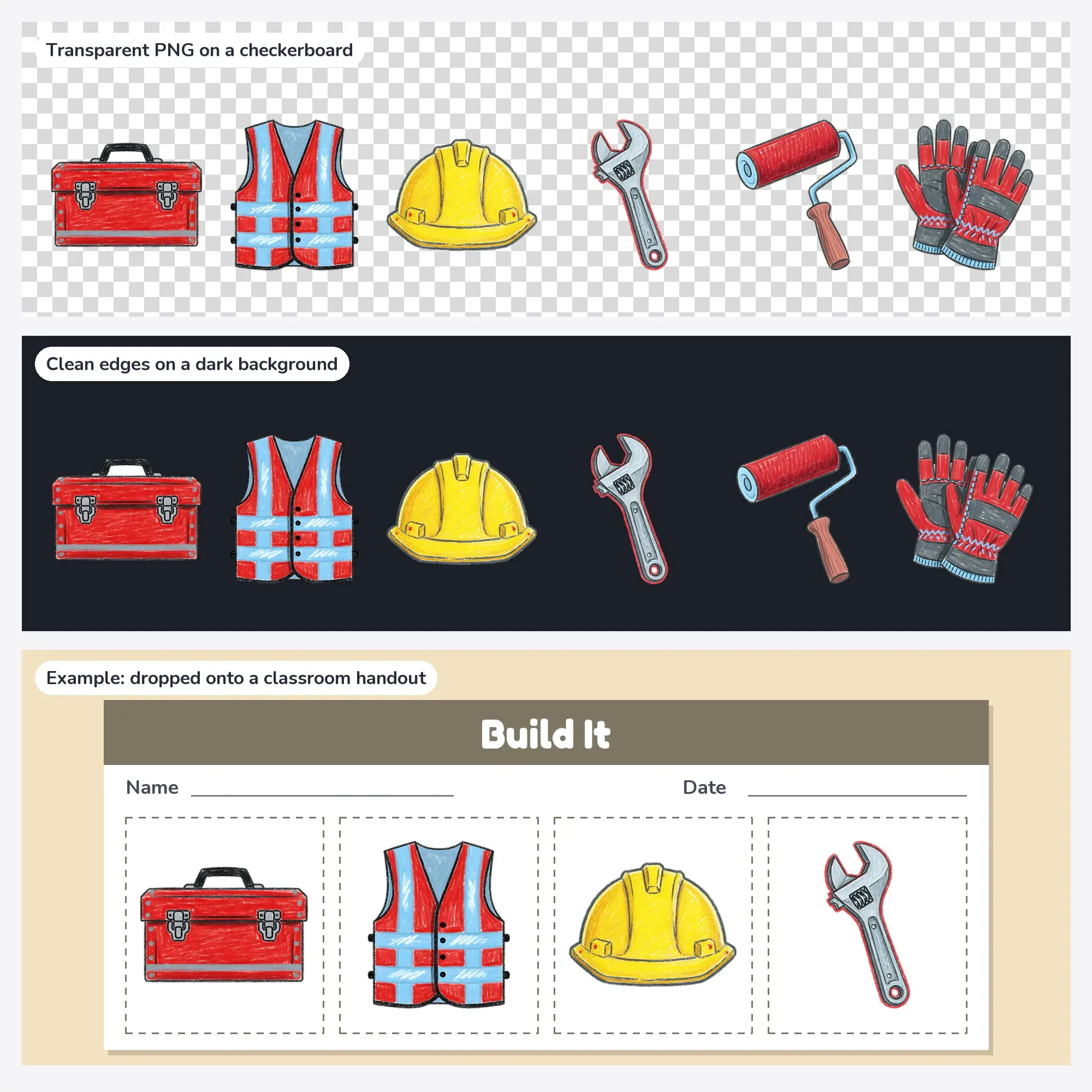 Construction & Tools Clip Art - 6 Crayon PNGs: Toolbox, preview 2 of 2