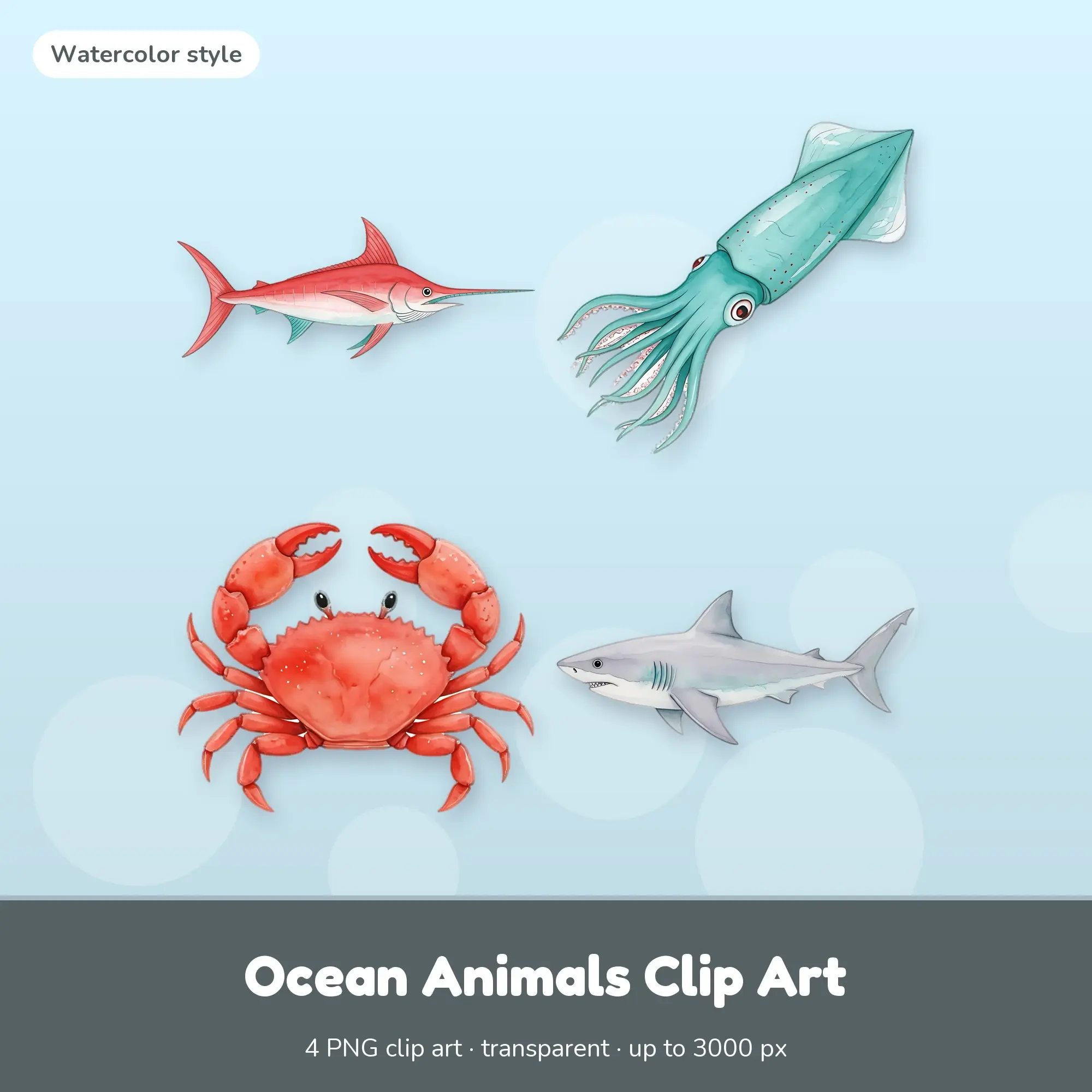 Ocean Animals Clip Art Bundle, Watercolor - Swordfish, Squid, Crab preview