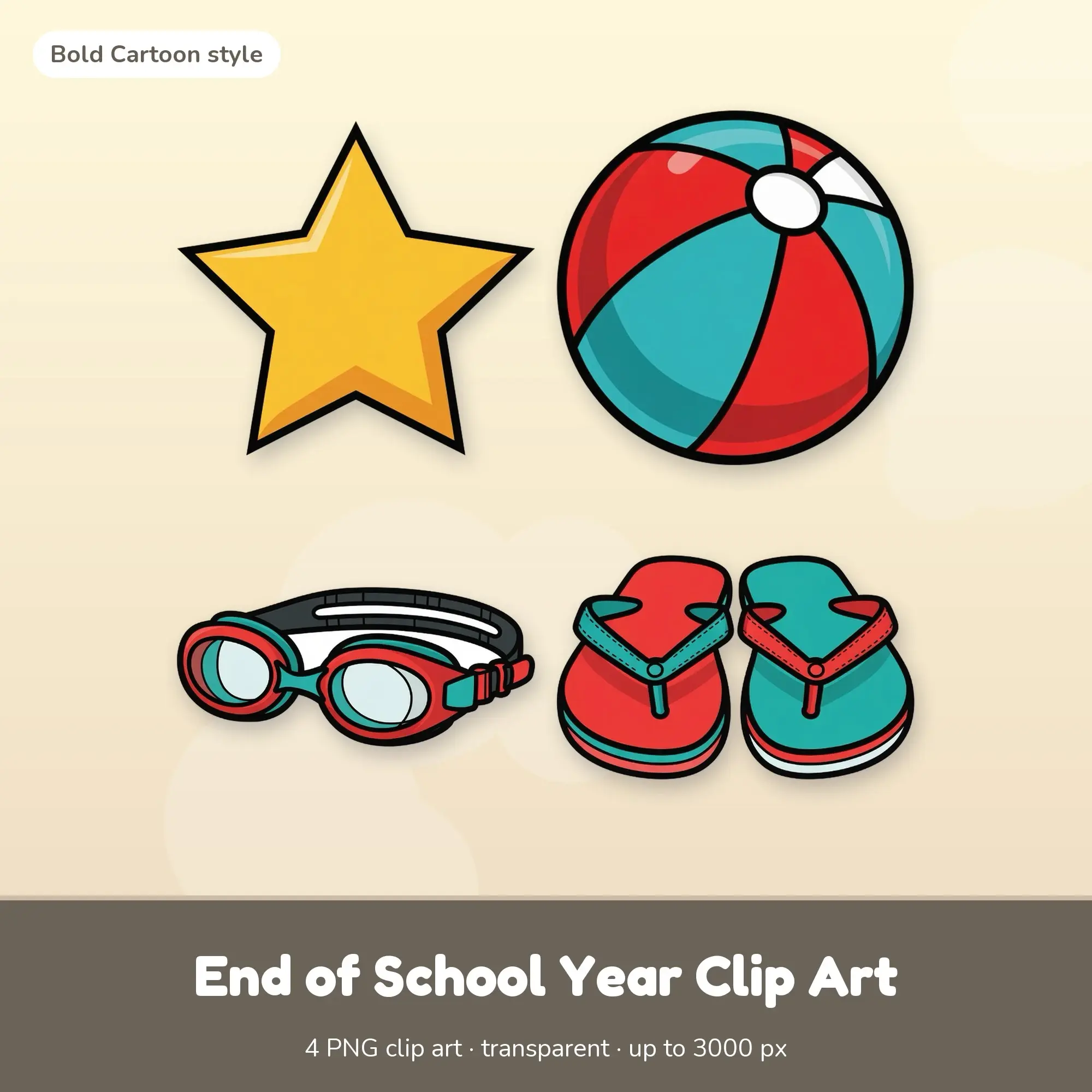 4 End of School Year Clip Art PNGs: Star, Beach Ball (Bold Cartoon) preview