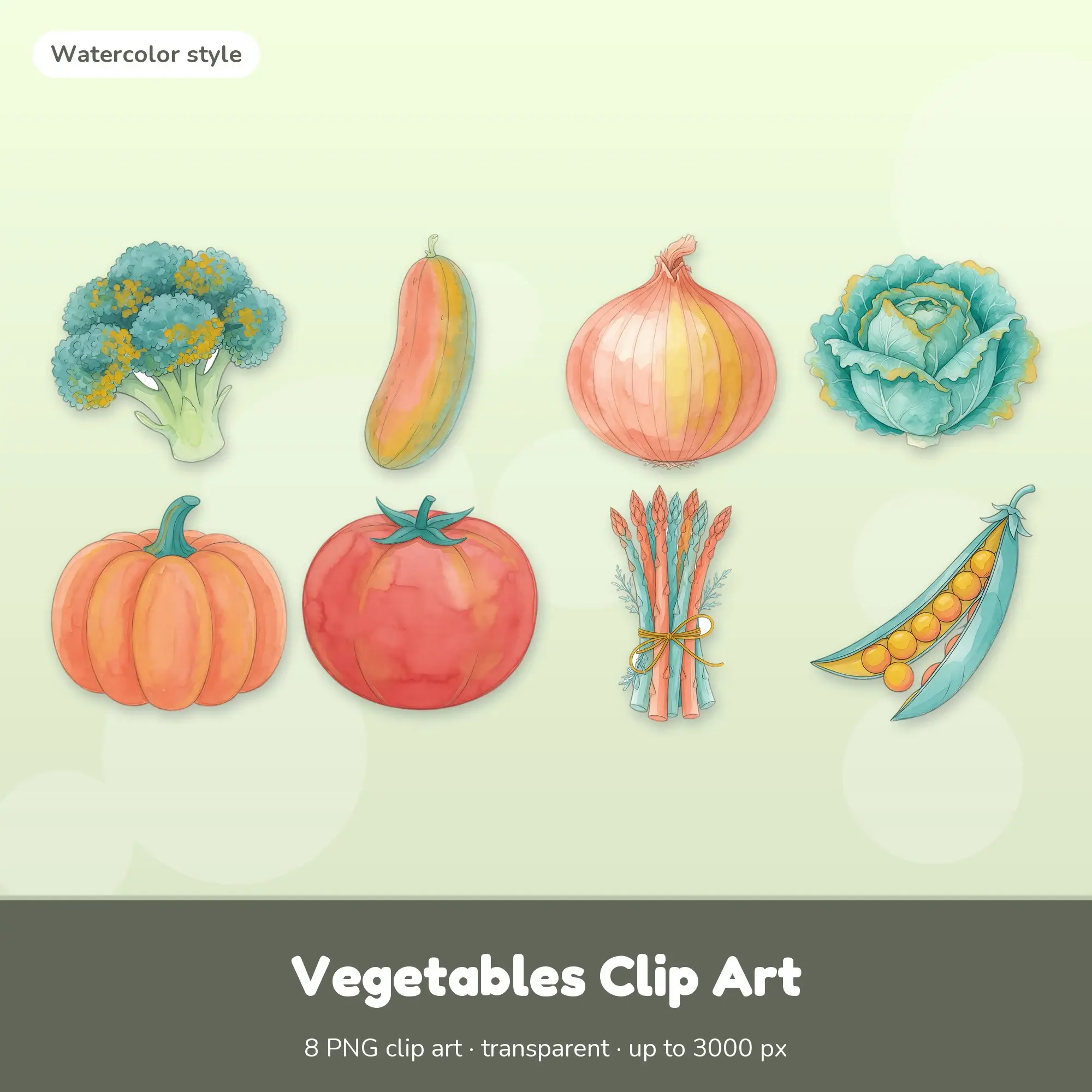 8 Vegetables Clip Art PNGs: Broccoli Floret, Cucumber (Watercolor) preview