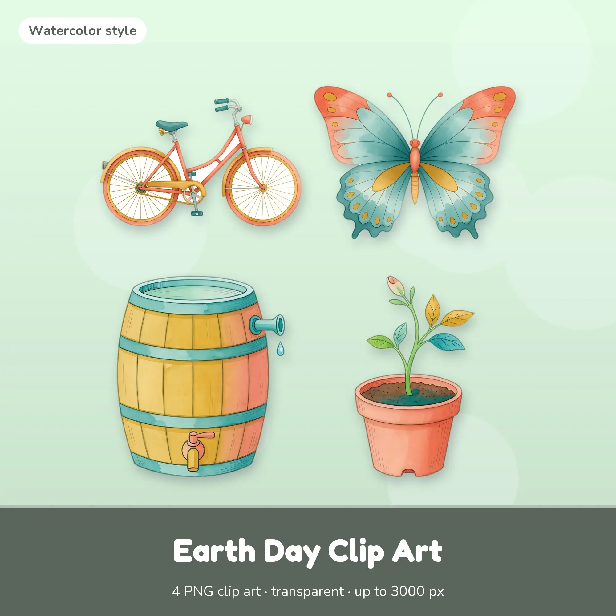 Earth Day Clip Art: Bicycle, Butterfly & More - Watercolor PNGs preview