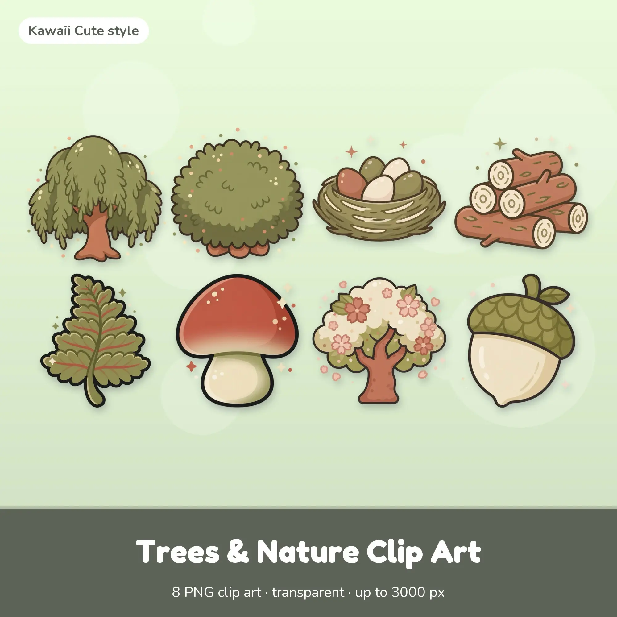 8 Trees & Nature Clip Art PNGs: Weeping Willow, Bush (Kawaii Cute) preview