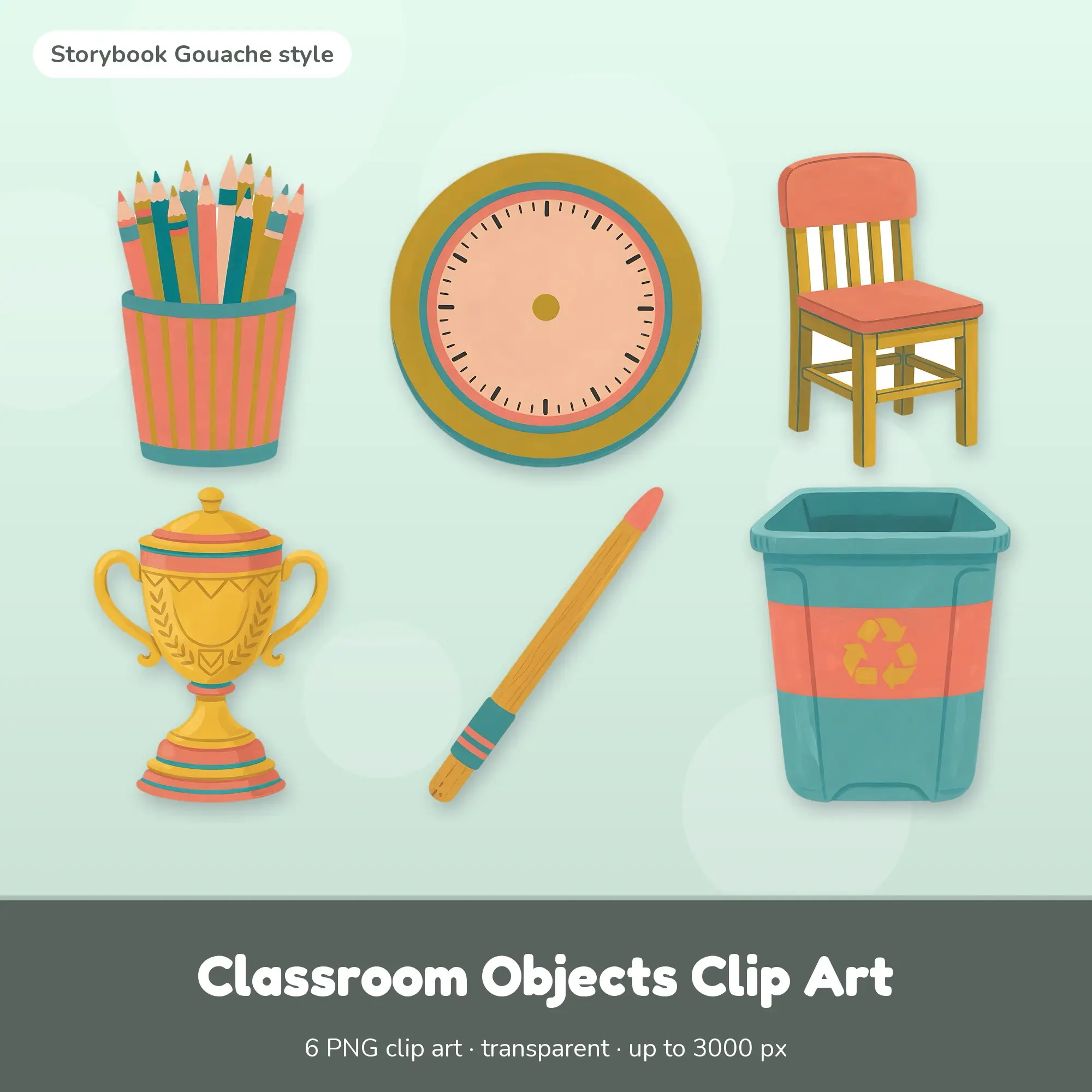 Classroom Objects Clip Art - 6 Gouache PNGs: Pencils preview