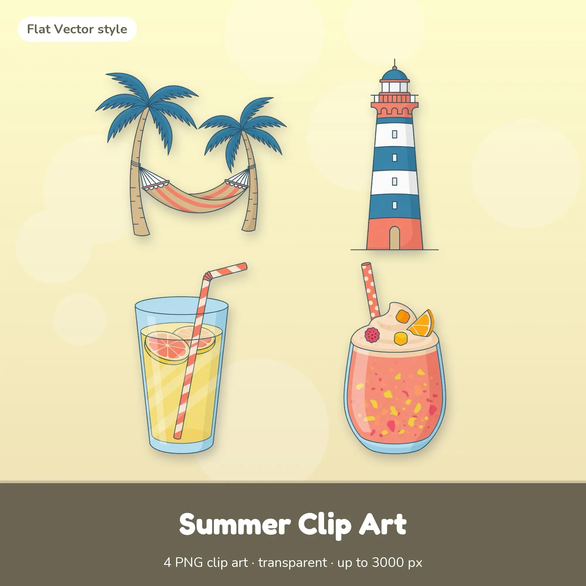Summer Clip Art Bundle, Flat Vector - Two Palms, Lighthouse, Lemonade, preview 1 of 2
