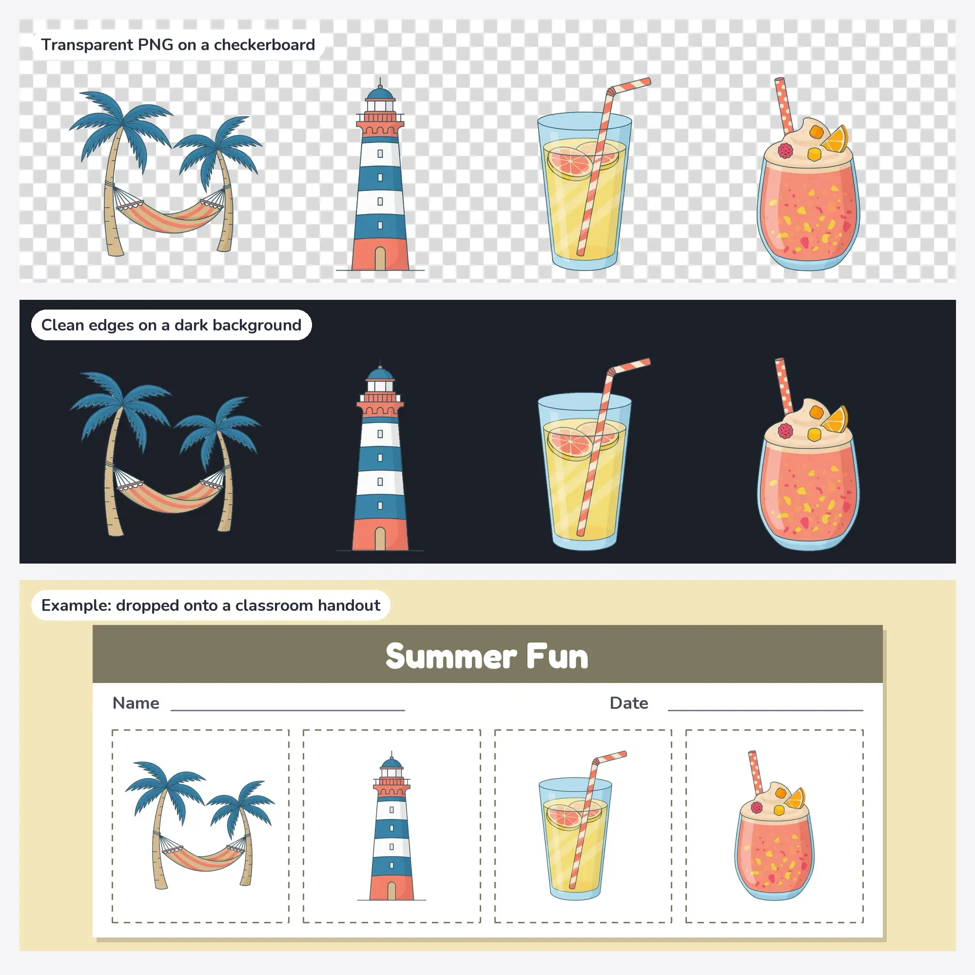 Summer Clip Art Bundle, Flat Vector - Two Palms, Lighthouse, Lemonade, preview 2 of 2