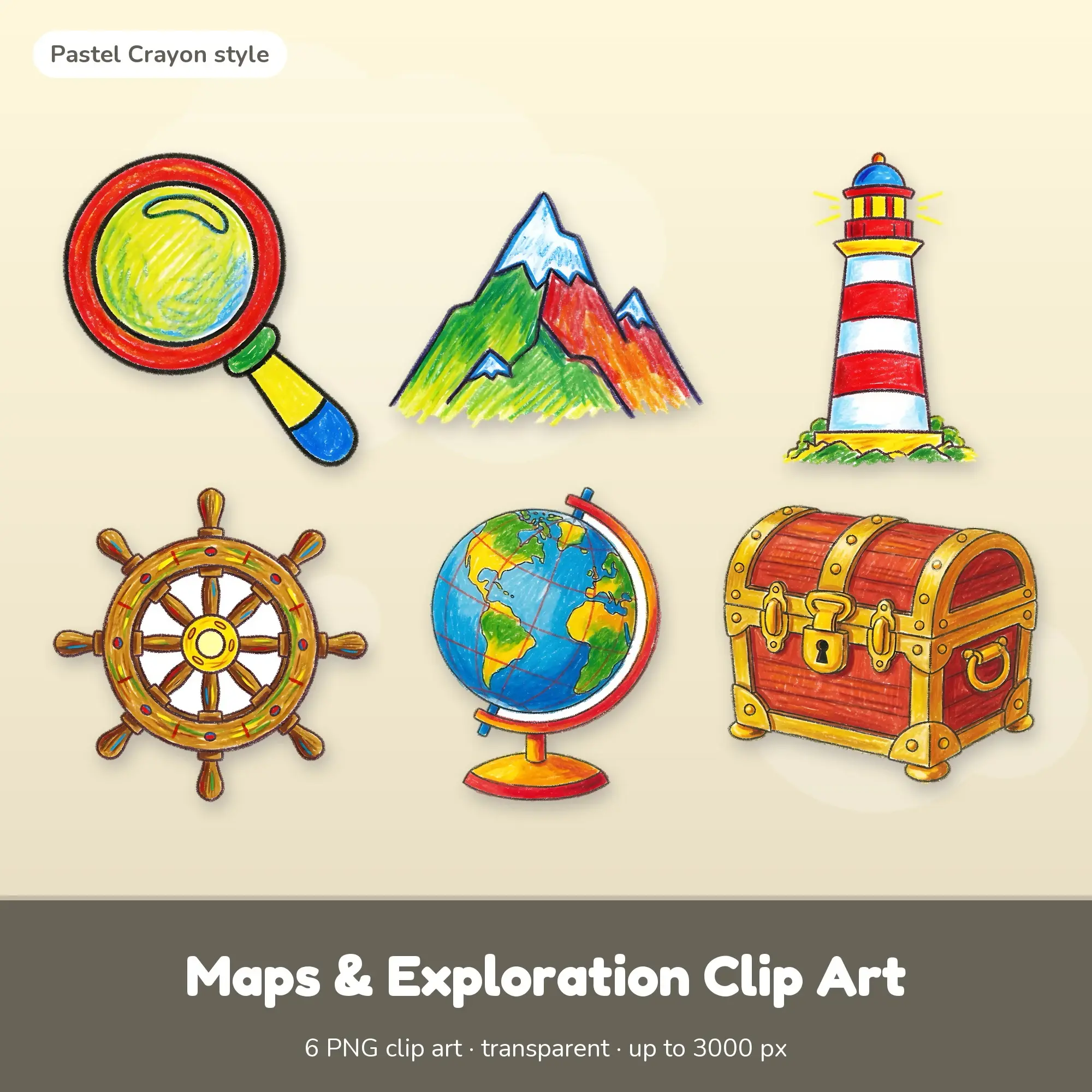 Maps & Exploration Clip Art - 6 Crayon PNGs: Magnifying Glass preview