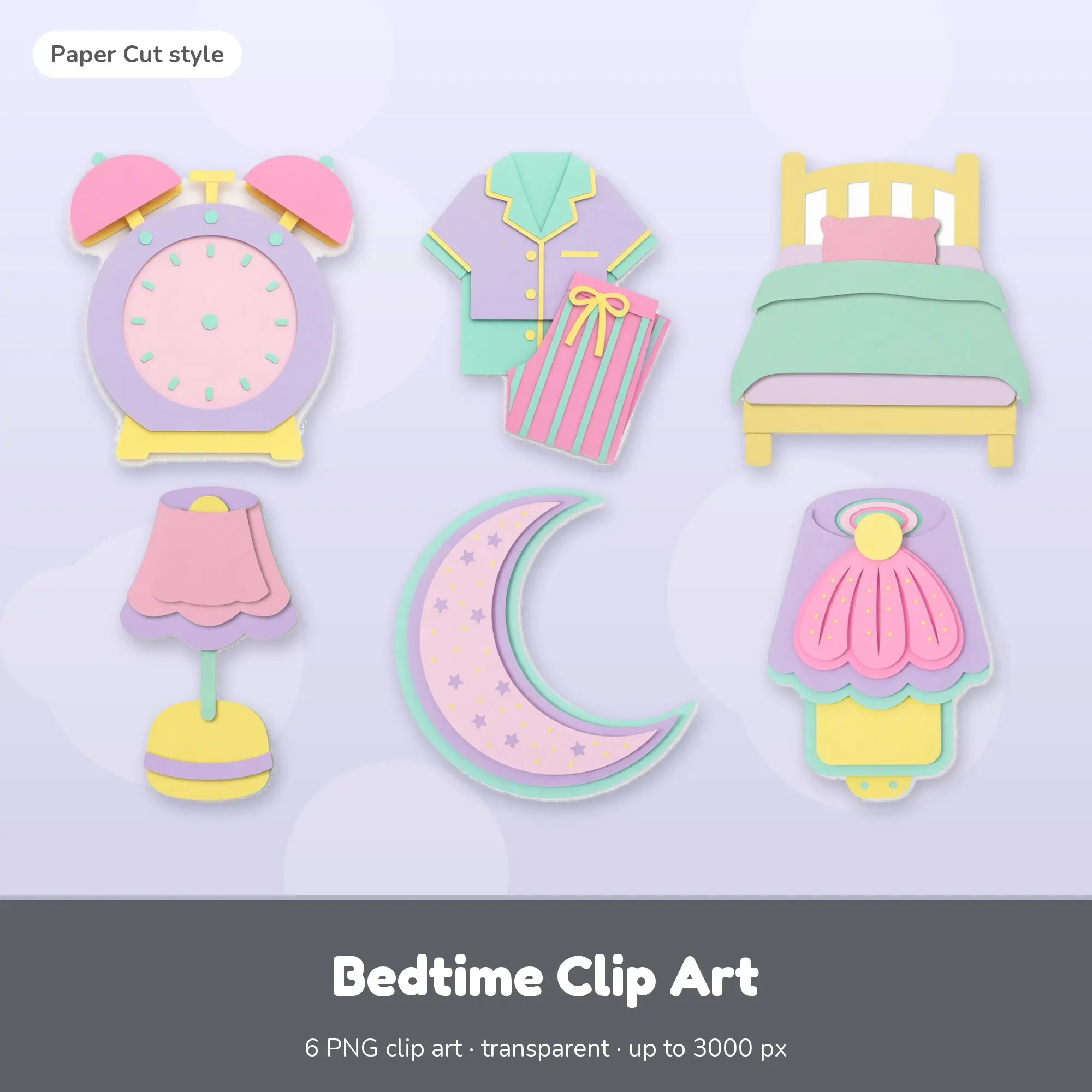Bedtime Clip Art Bundle, Paper Cut - Alarm Clock, Pajamas, Bed preview