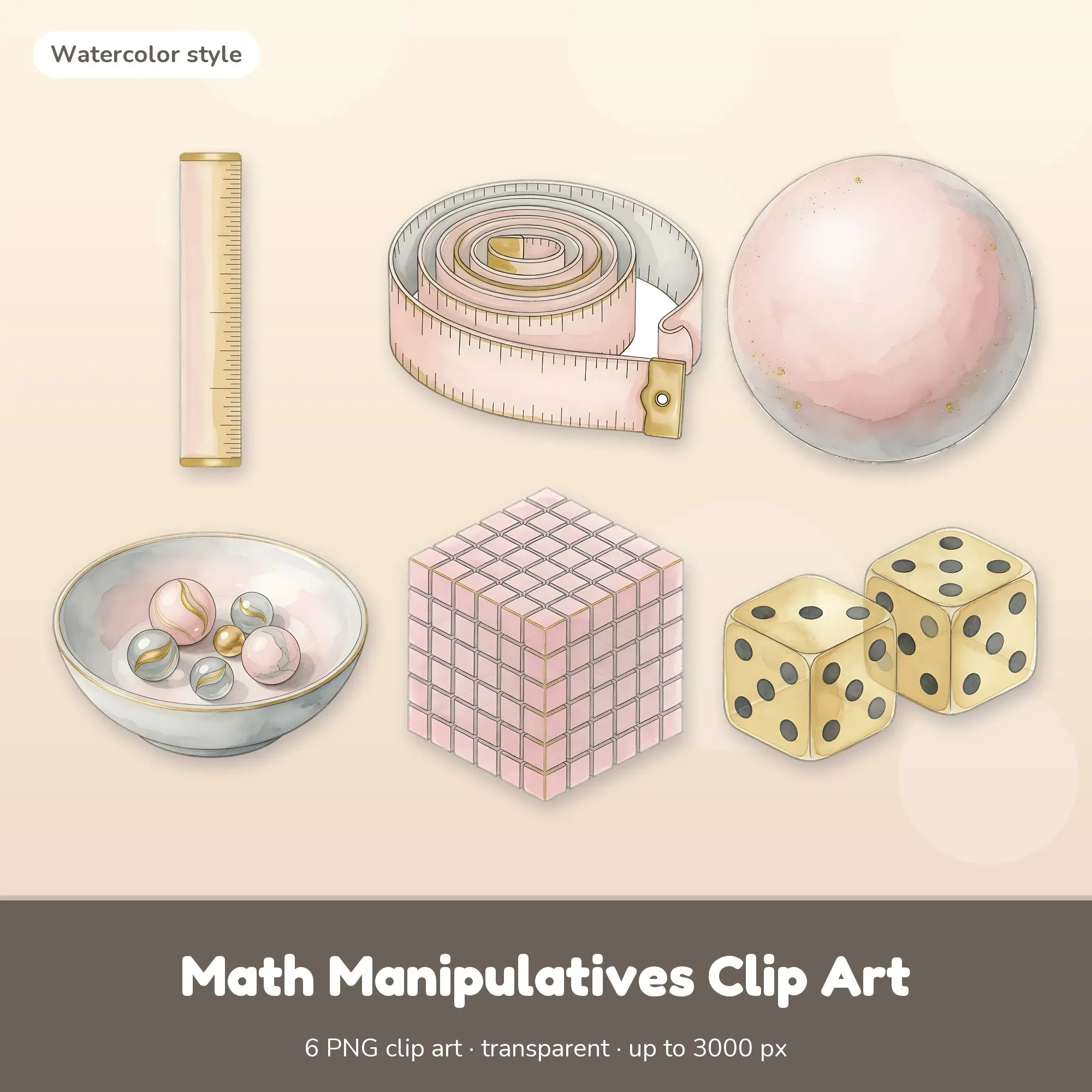 Watercolor Math Manipulatives Clip Art - Ruler, Measuring Tape & More preview