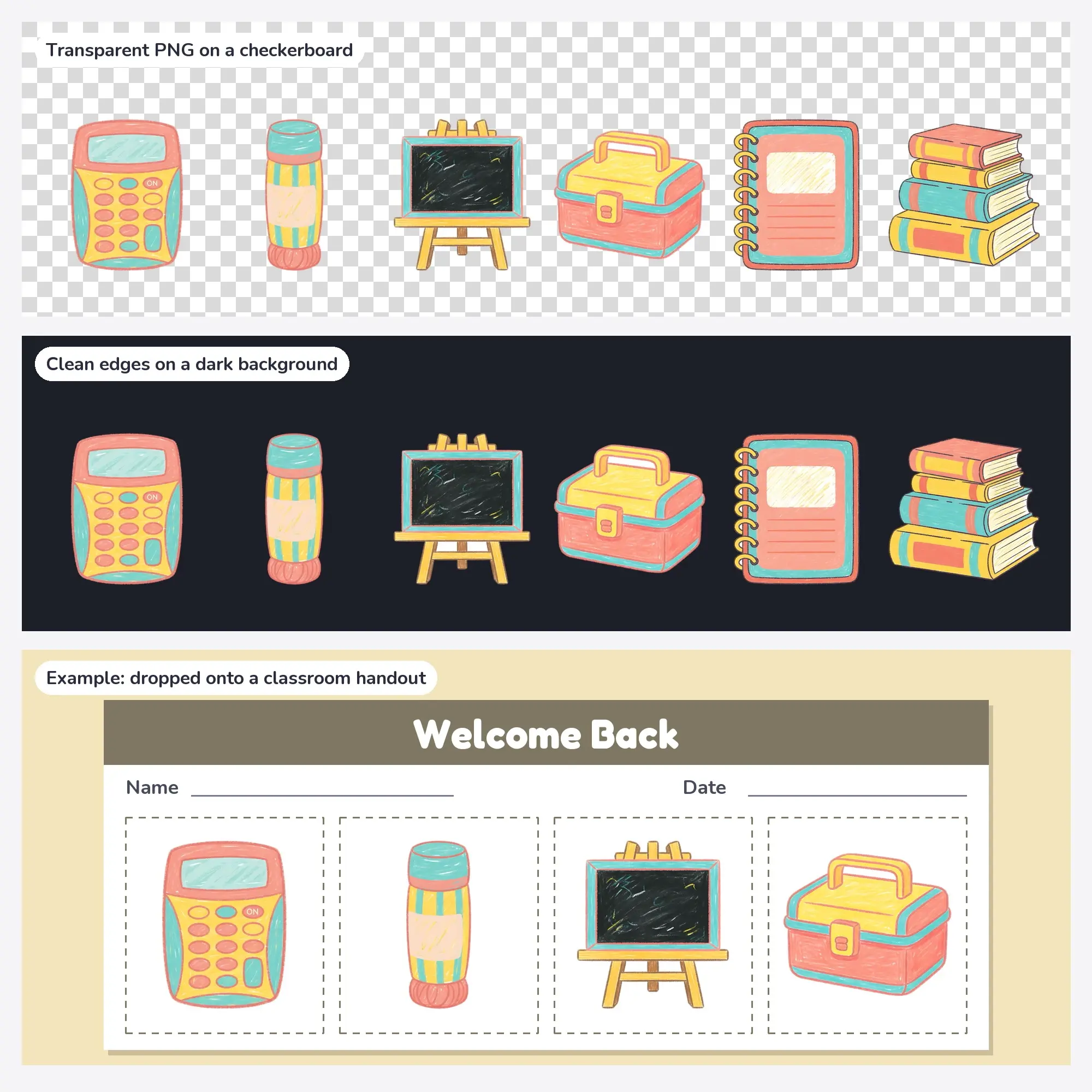 6 Back to School Clip Art PNGs: Calculator, Glue Stick (Pastel Crayon), preview 2 of 2