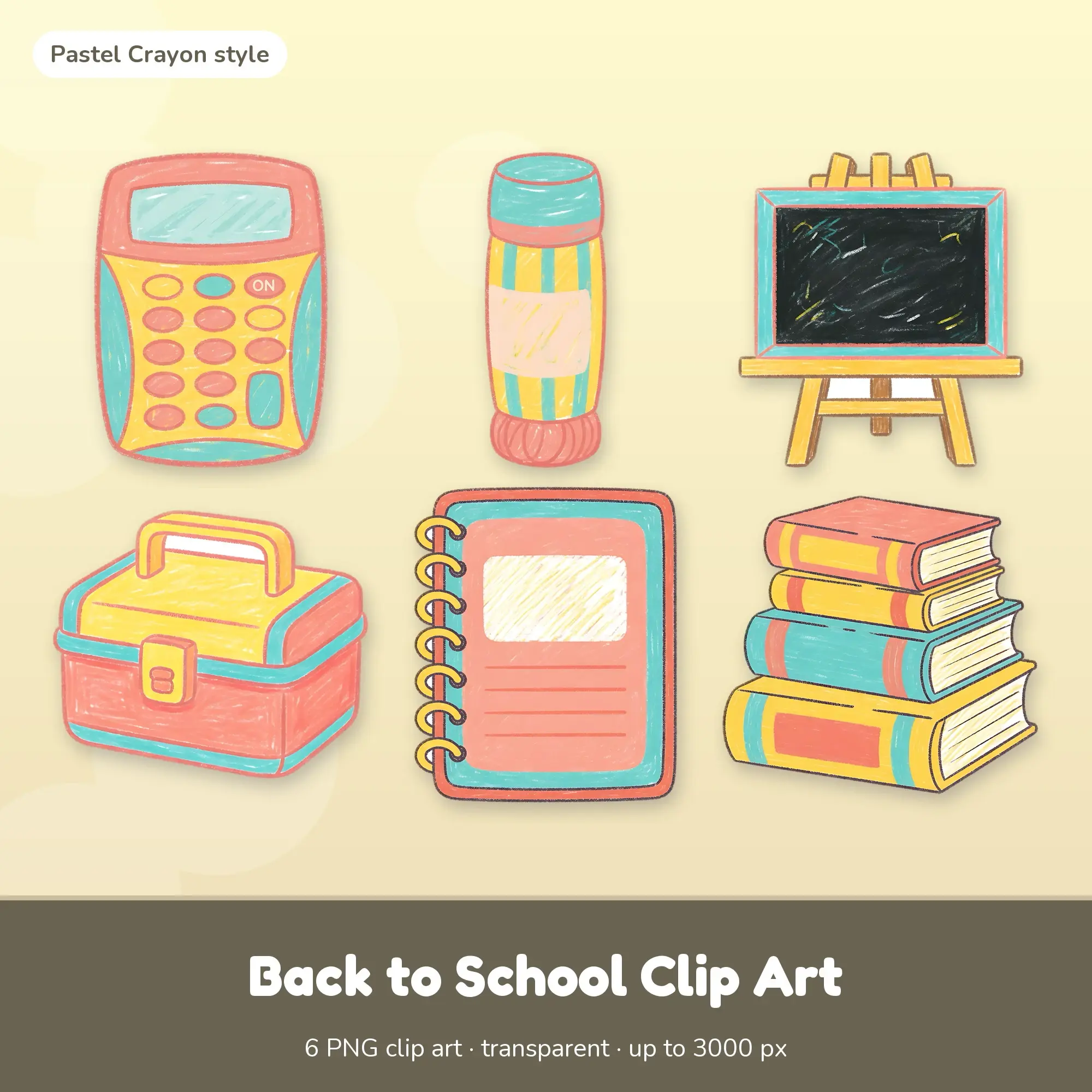 6 Back to School Clip Art PNGs: Calculator, Glue Stick (Pastel Crayon) preview