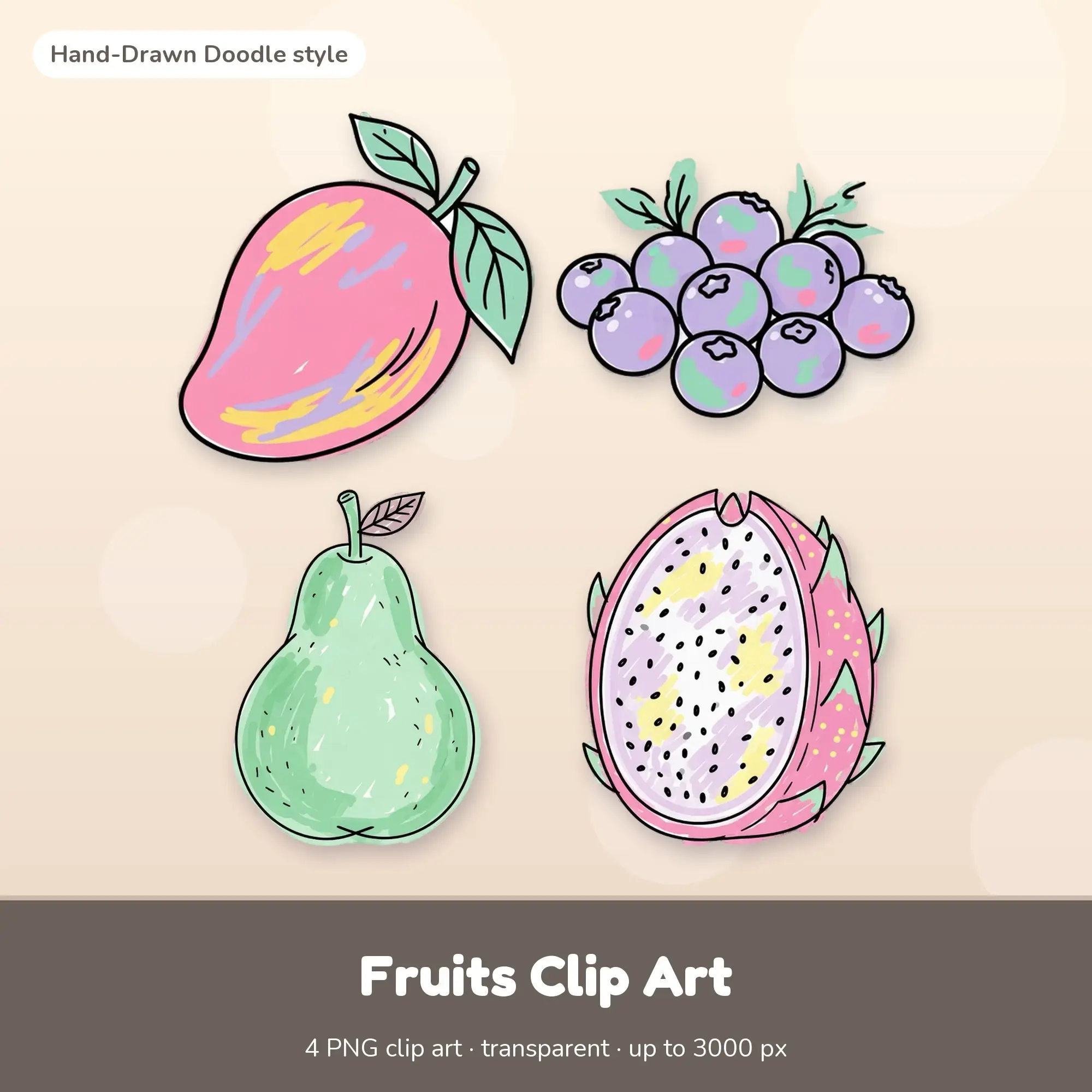 Fruits Clip Art: Mango, Blueberries & More - Hand-Drawn Doodle PNGs preview