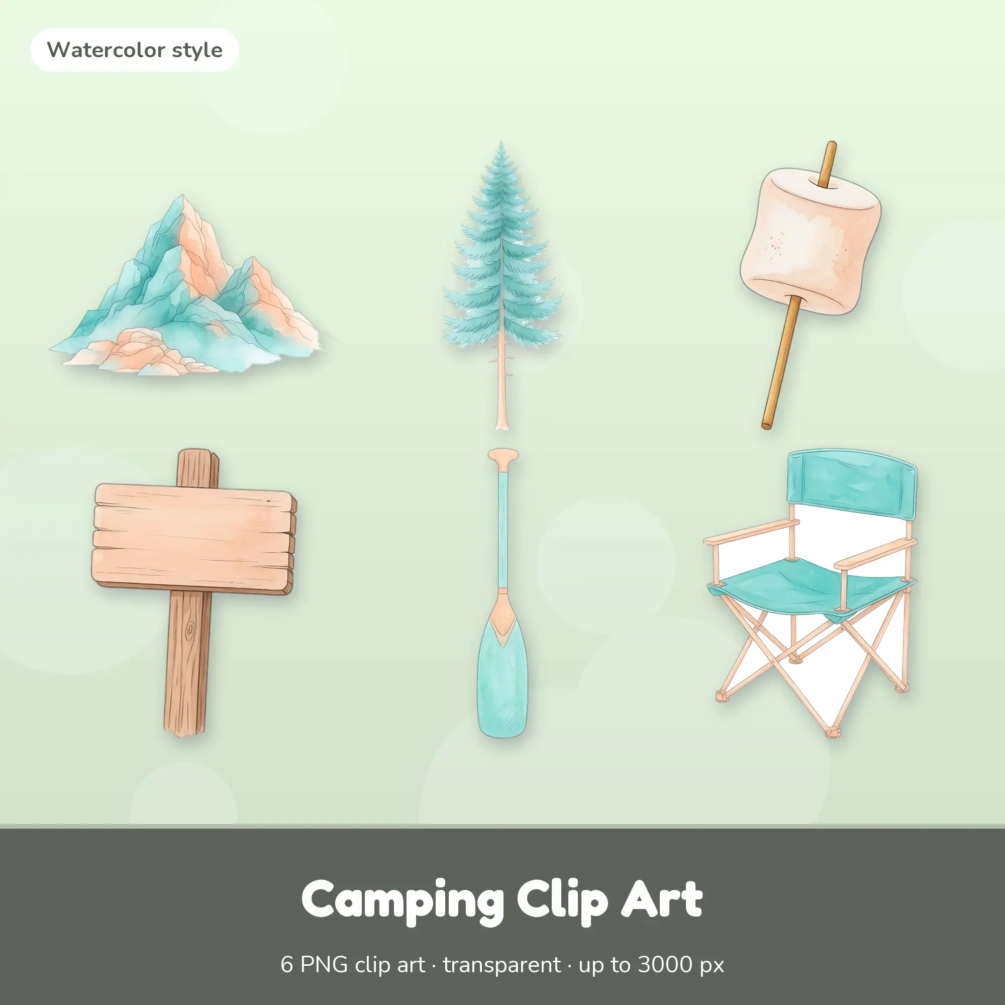 Watercolor Camping Clip Art Set - Rocky Mountain, Pine Tree + 4 More preview