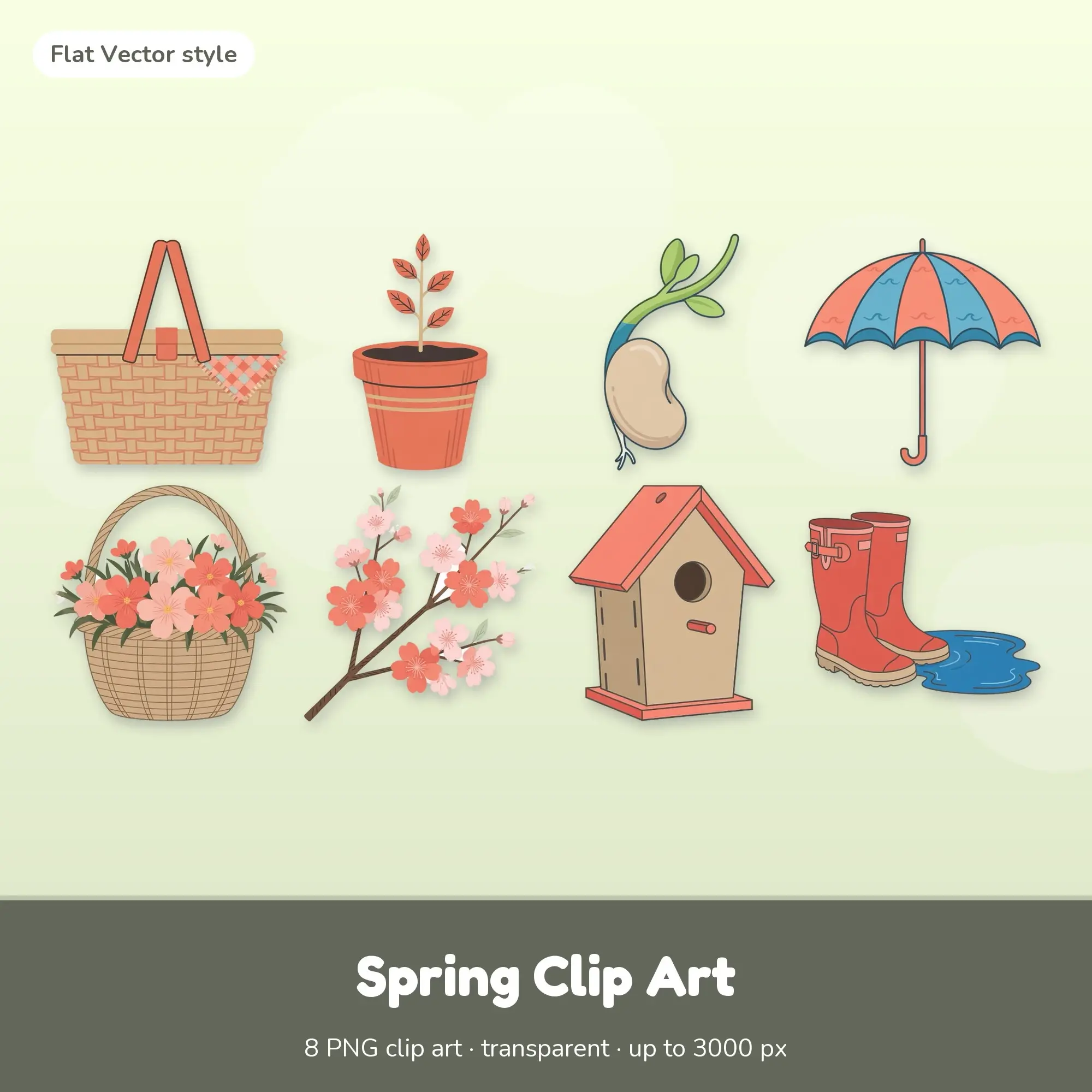 8 Spring Clip Art PNGs: Picnic Basket, Seedling (Flat Vector) preview