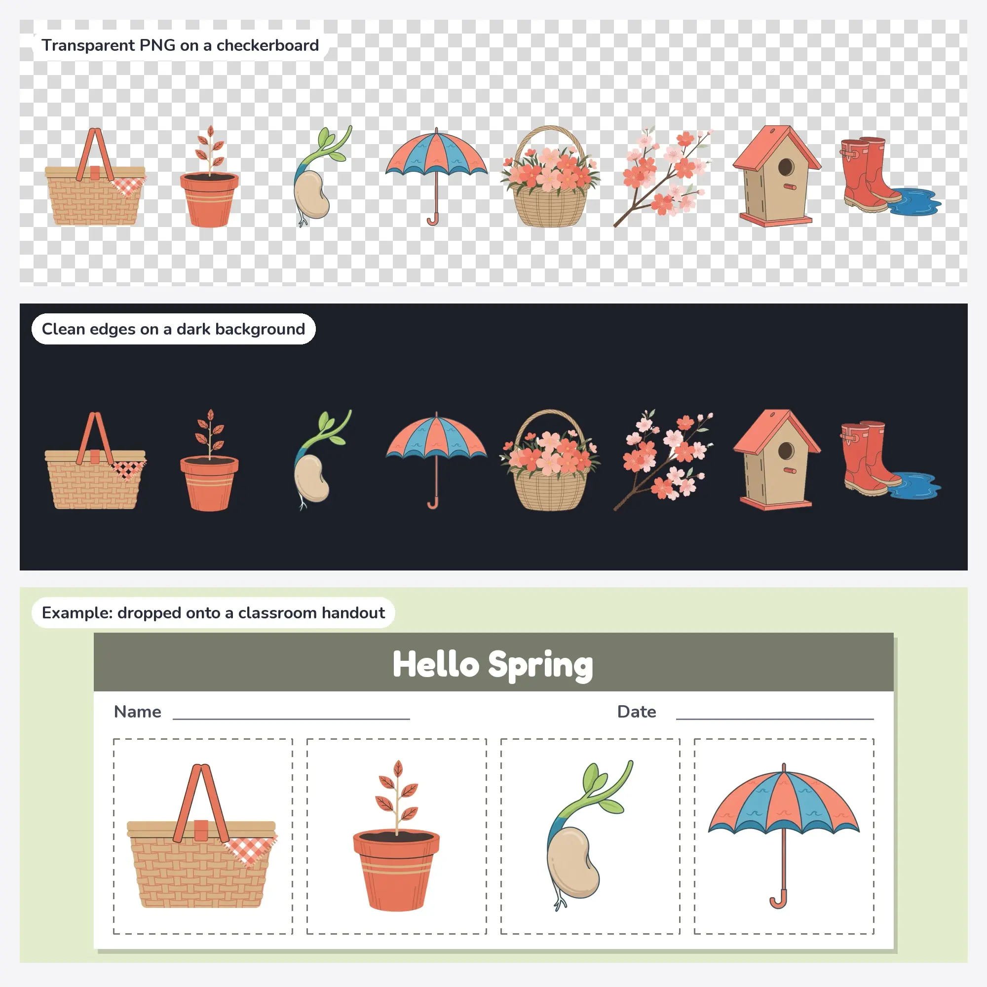 8 Spring Clip Art PNGs: Picnic Basket, Seedling (Flat Vector), preview 2 of 2
