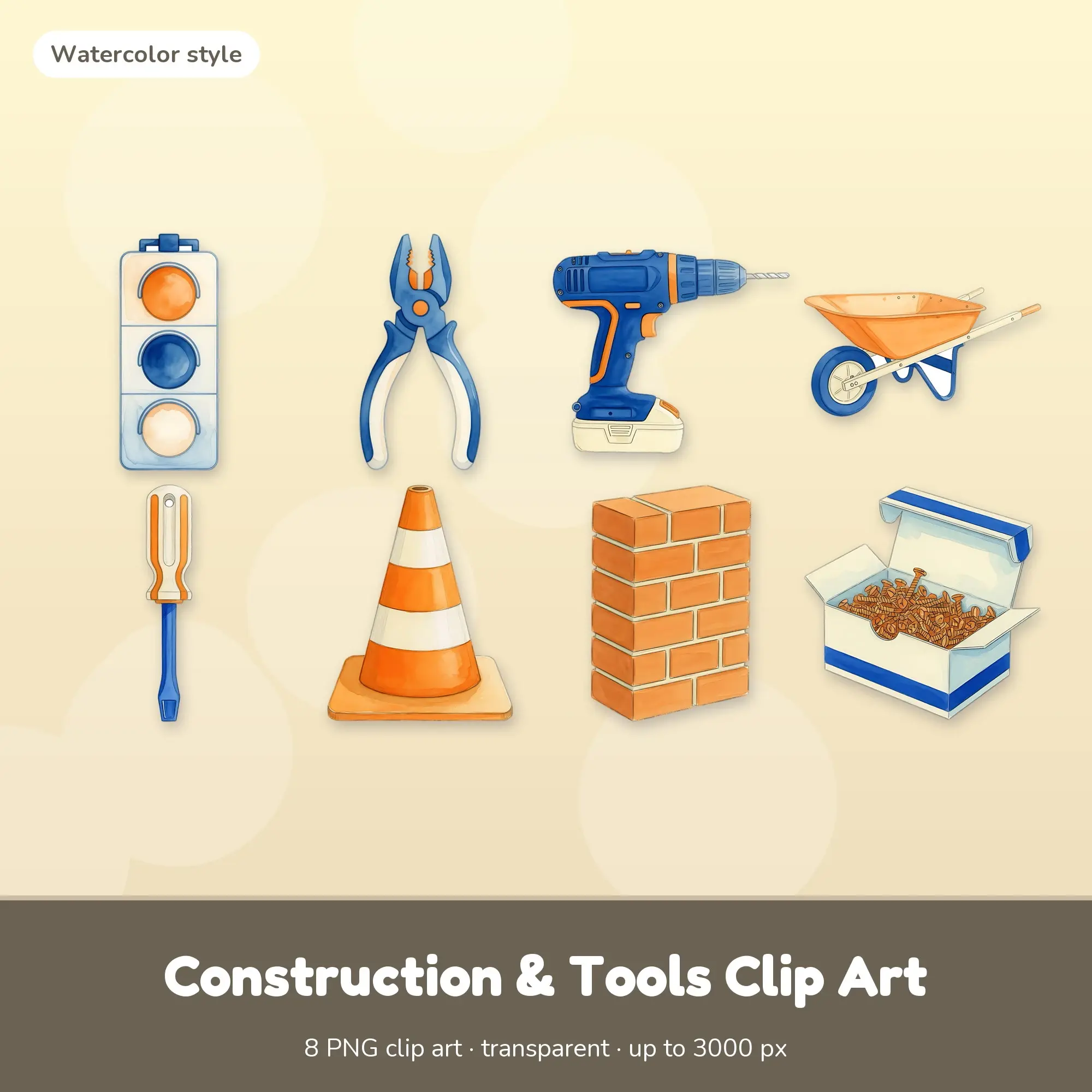 Construction & Tools Clip Art - 8 Watercolor PNGs: Traffic Light preview